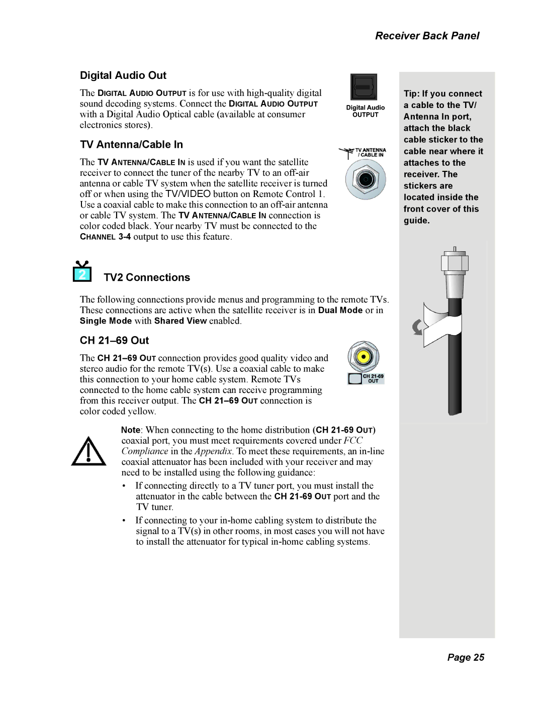 Dish Network DISH 625 manual Digital Audio Out, TV Antenna/Cable, TV2 Connections, CH 21-69 Out 