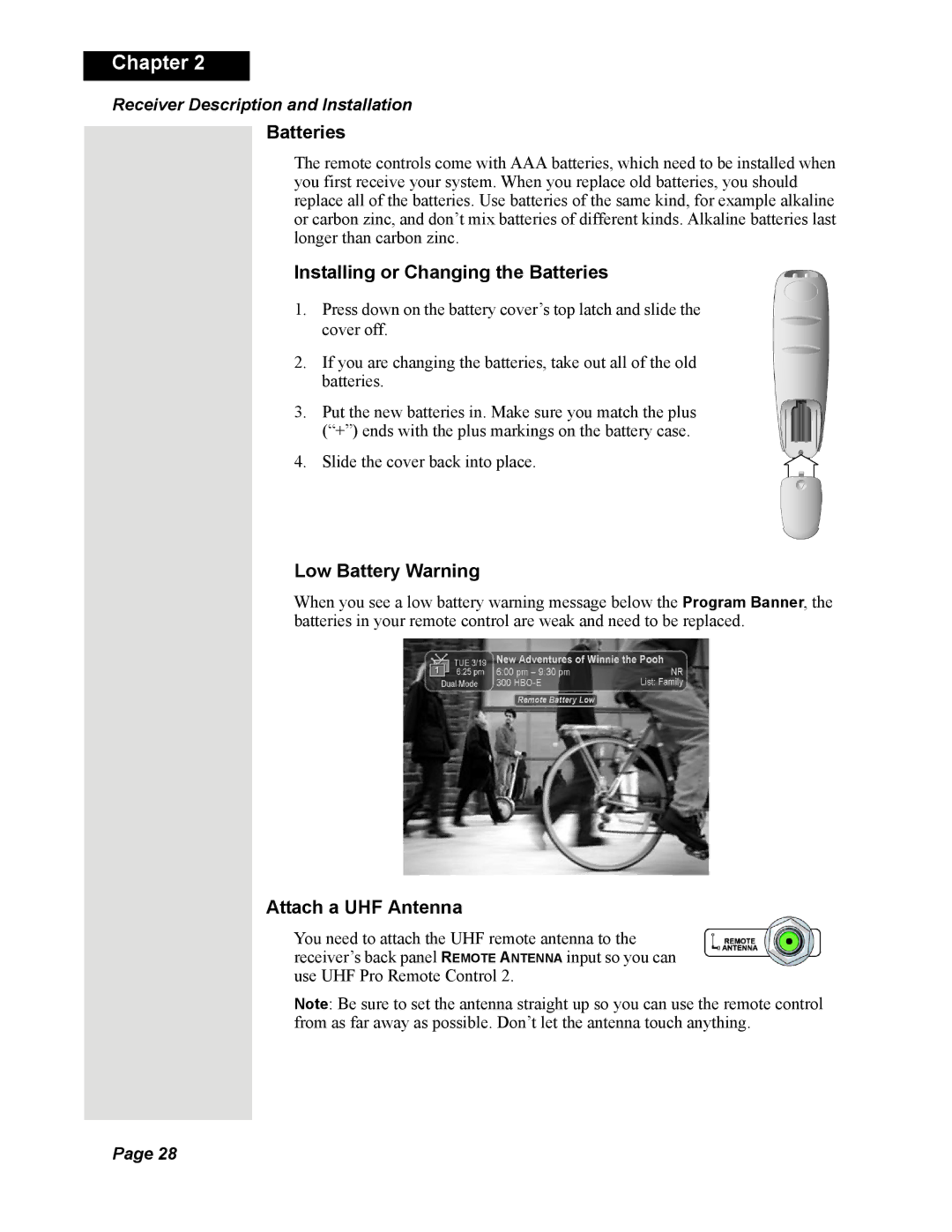 Dish Network DISH 625 manual Installing or Changing the Batteries, Low Battery Warning, Attach a UHF Antenna 