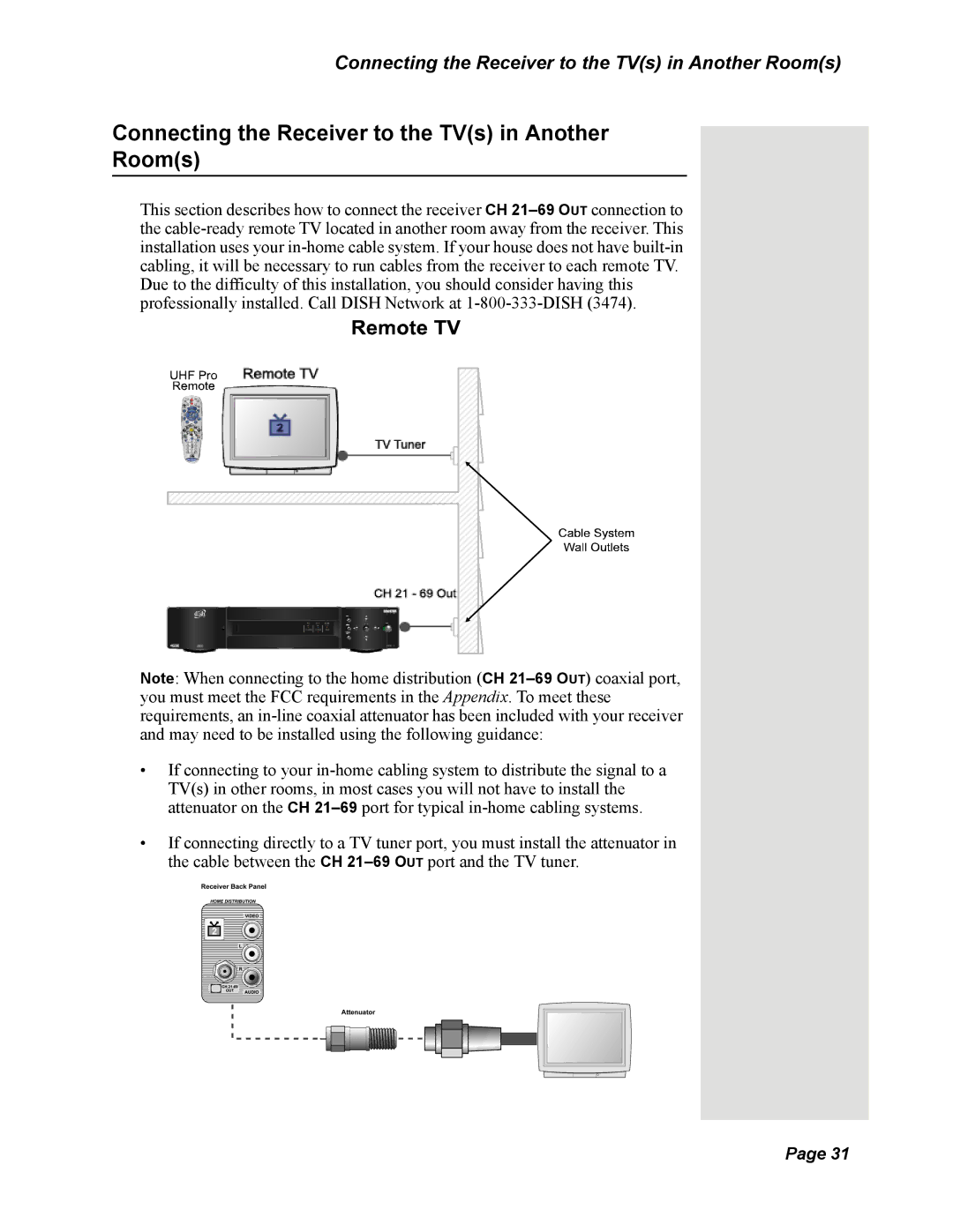 Dish Network DISH 625 manual Connecting the Receiver to the TVs in Another Rooms 