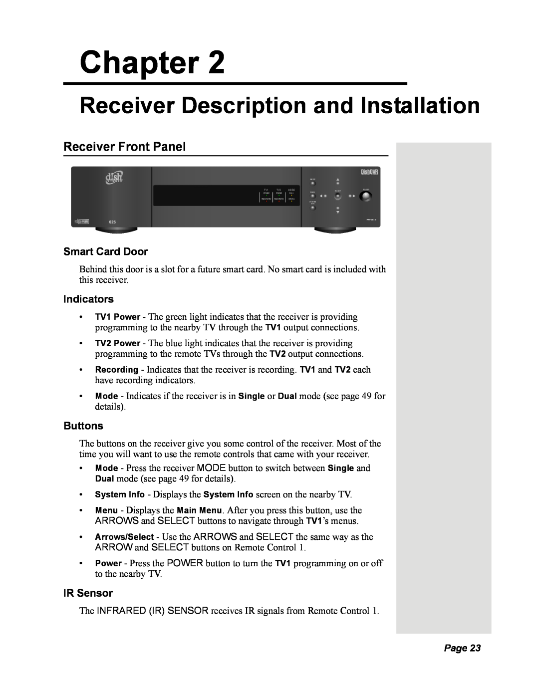 Dish Network DISH 625 manual Receiver Front Panel, Smart Card Door, Indicators, Buttons, IR Sensor, Page, Chapter 