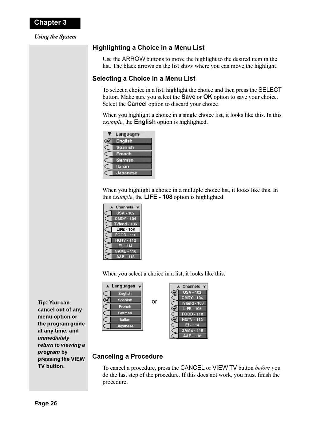 Dish Network Duo 322 manual Highlighting a Choice in a Menu List, Selecting a Choice in a Menu List, Canceling a Procedure 