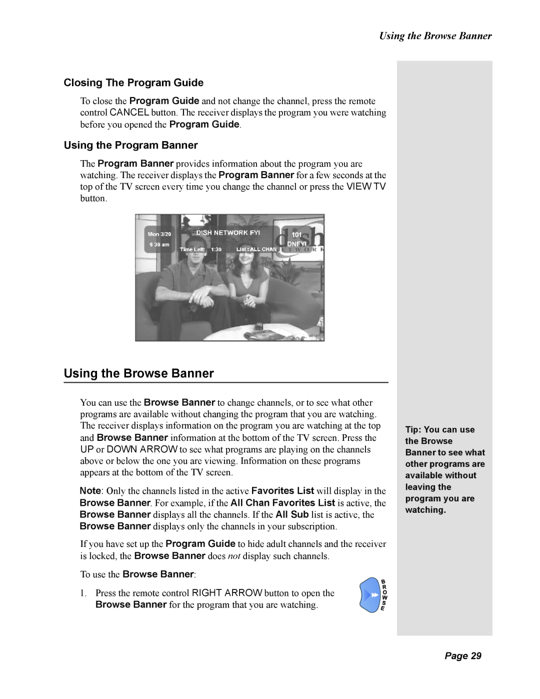 Dish Network 123698 Using the Browse Banner, Closing The Program Guide, Using the Program Banner, To use the Browse Banner 