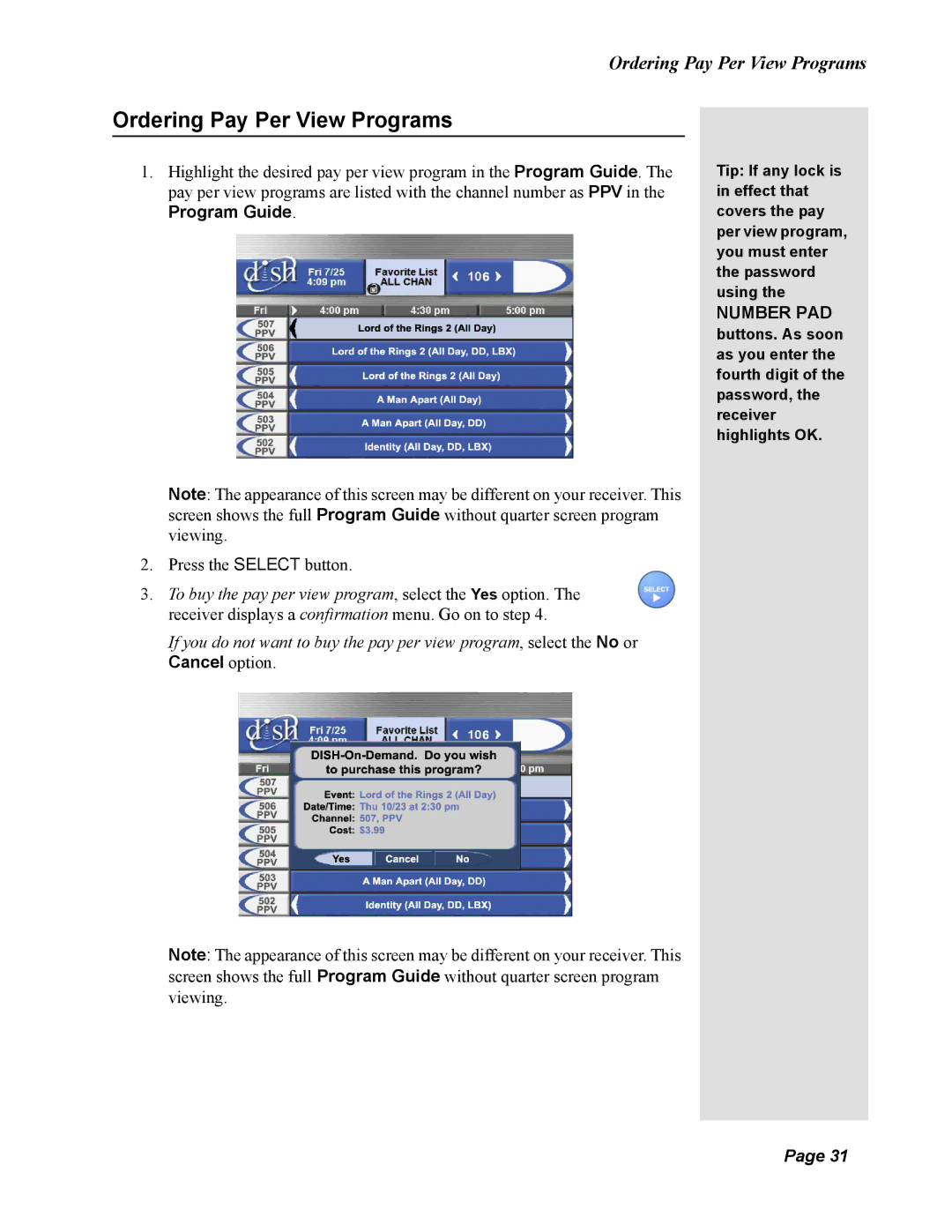 Dish Network 123698, Duo 322 manual Ordering Pay Per View Programs, Program Guide, Cancel option 