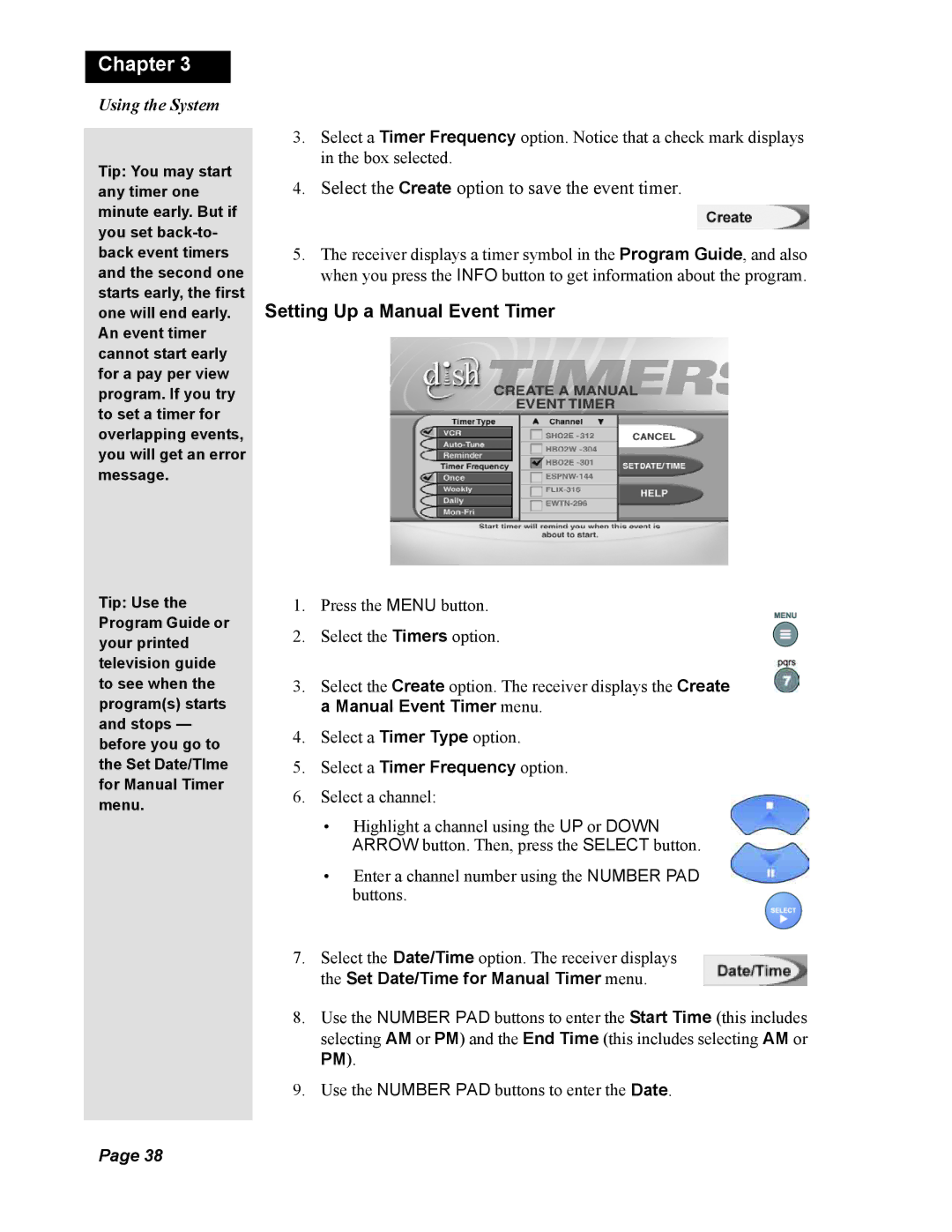 Dish Network Duo 322, 123698 manual Select the Create option to save the event timer, Setting Up a Manual Event Timer 