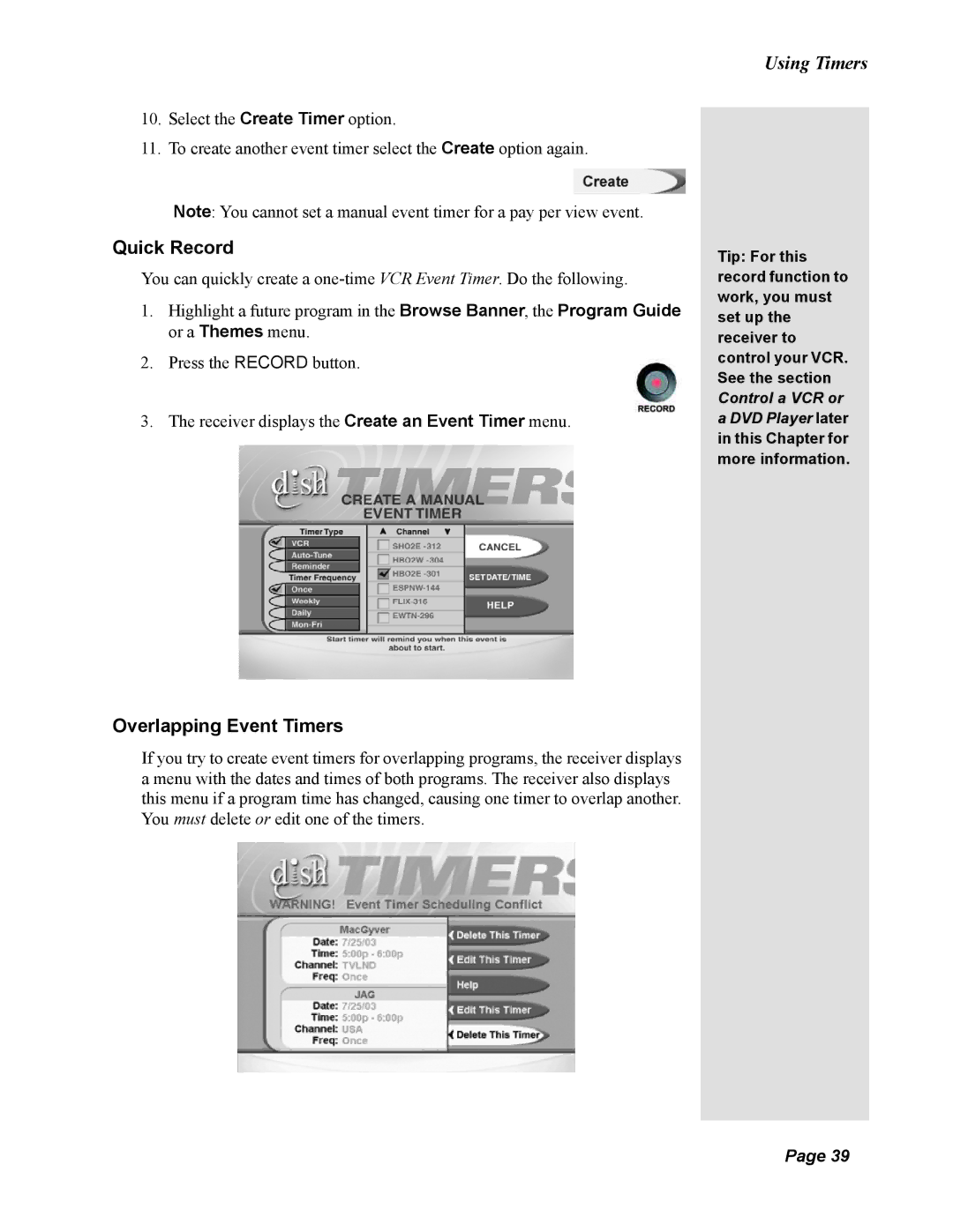 Dish Network 123698, Duo 322 manual Quick Record, Overlapping Event Timers 