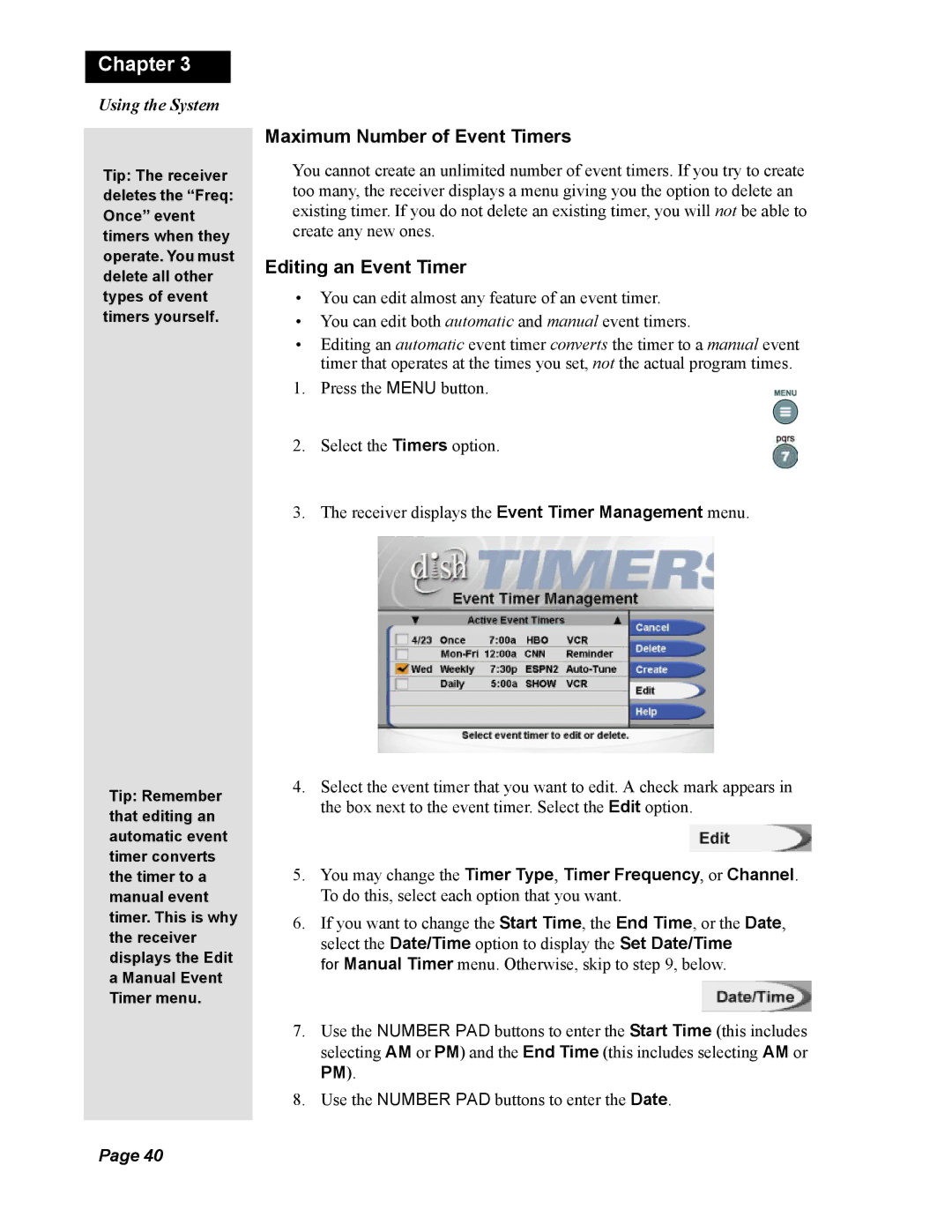 Dish Network Duo 322, 123698 manual Maximum Number of Event Timers, Editing an Event Timer 