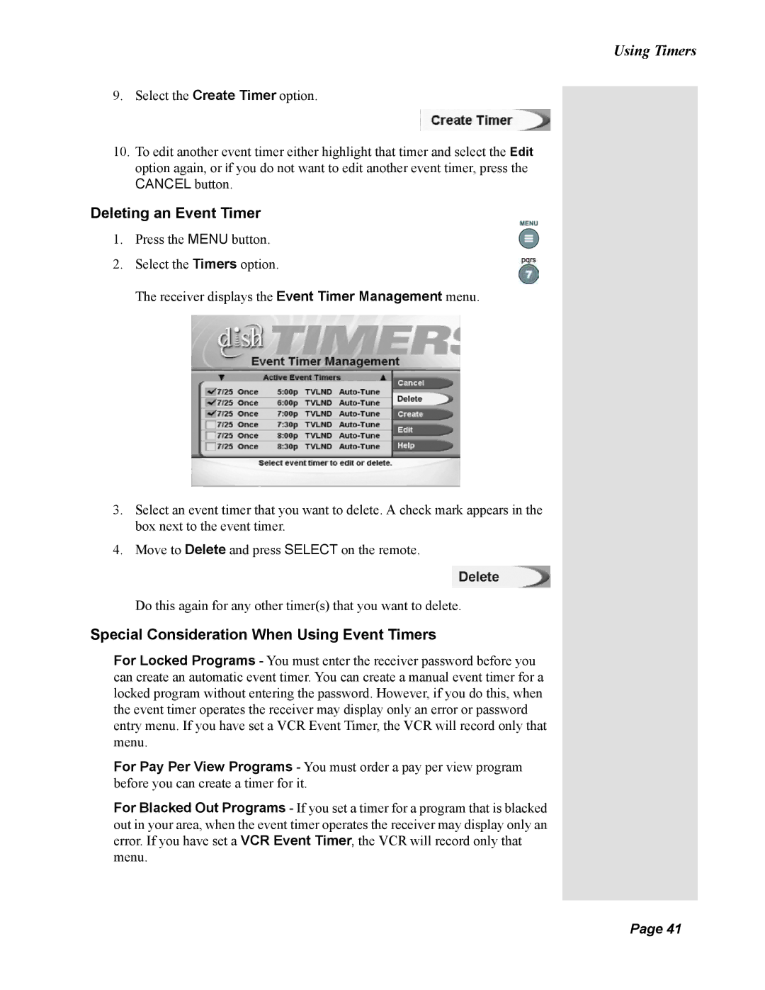 Dish Network 123698, Duo 322 manual Deleting an Event Timer, Special Consideration When Using Event Timers 