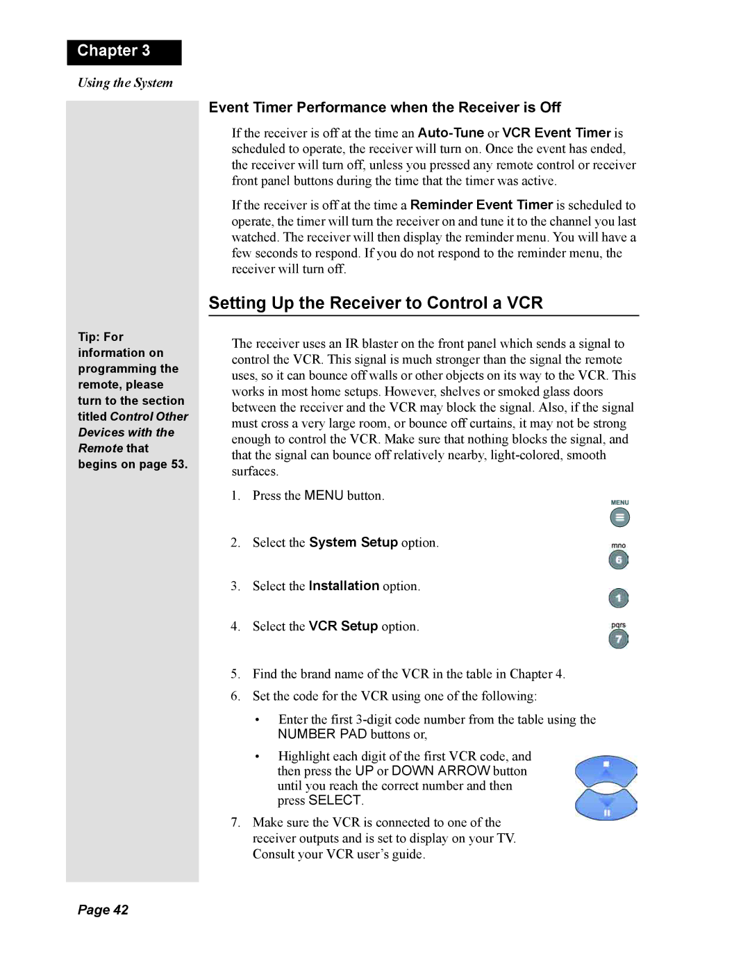 Dish Network Duo 322, 123698 Setting Up the Receiver to Control a VCR, Event Timer Performance when the Receiver is Off 