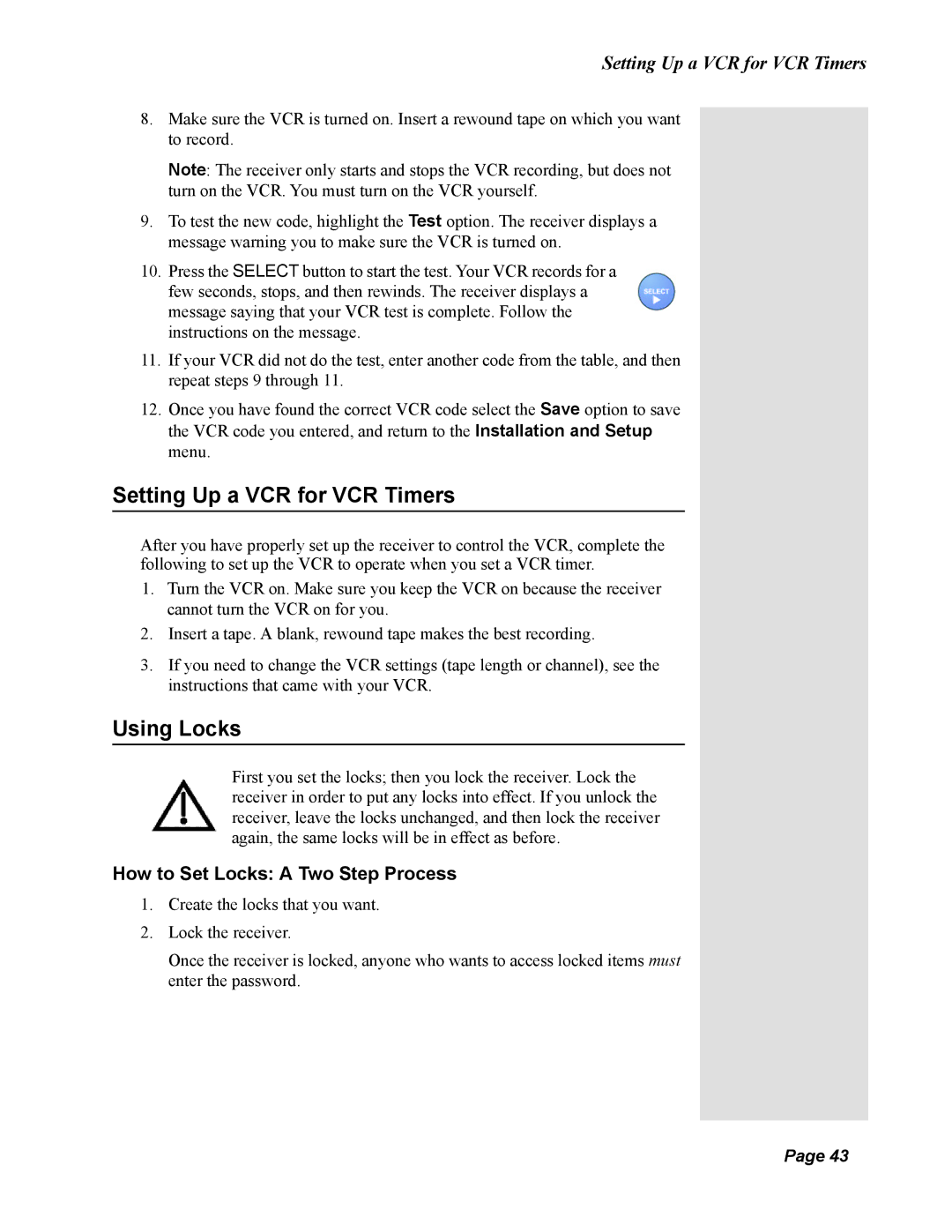 Dish Network 123698, Duo 322 manual Setting Up a VCR for VCR Timers, Using Locks, How to Set Locks a Two Step Process 