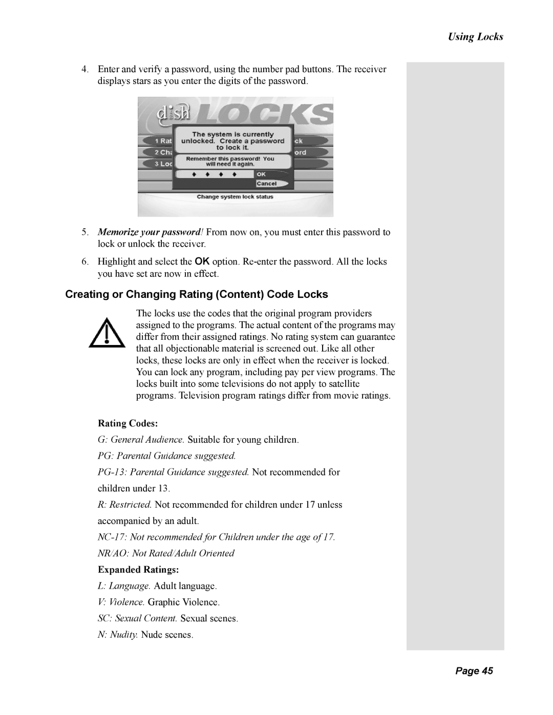 Dish Network 123698, Duo 322 manual Creating or Changing Rating Content Code Locks, Using Locks 