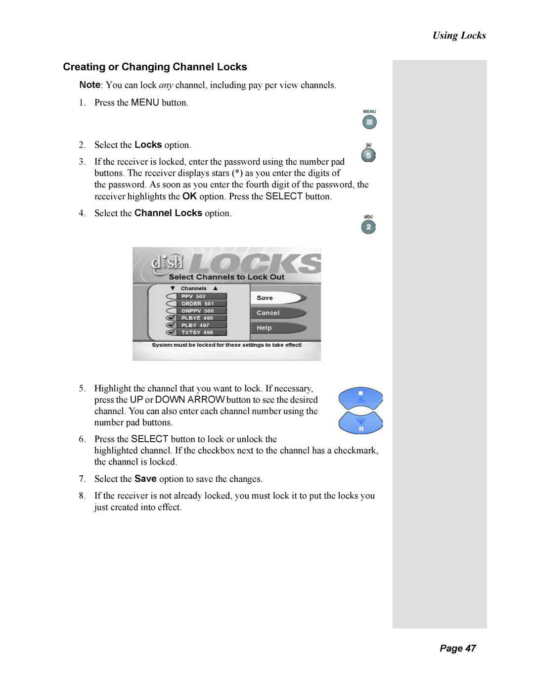 Dish Network 123698, Duo 322 manual Creating or Changing Channel Locks 