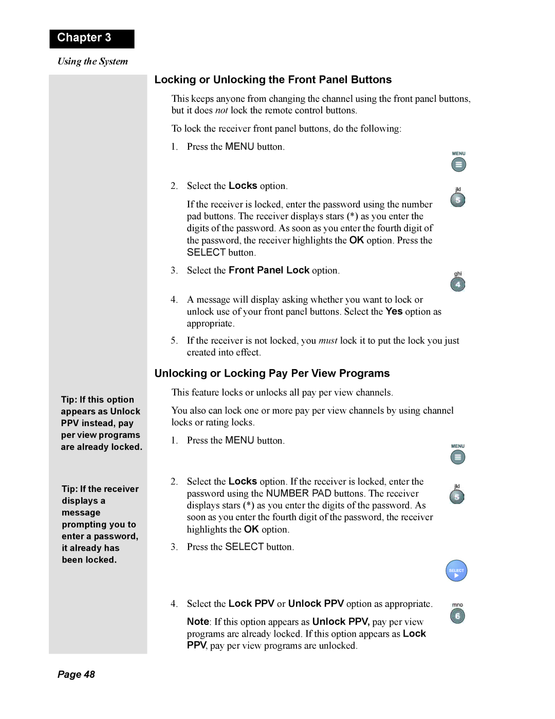 Dish Network Duo 322, 123698 manual Locking or Unlocking the Front Panel Buttons, Unlocking or Locking Pay Per View Programs 