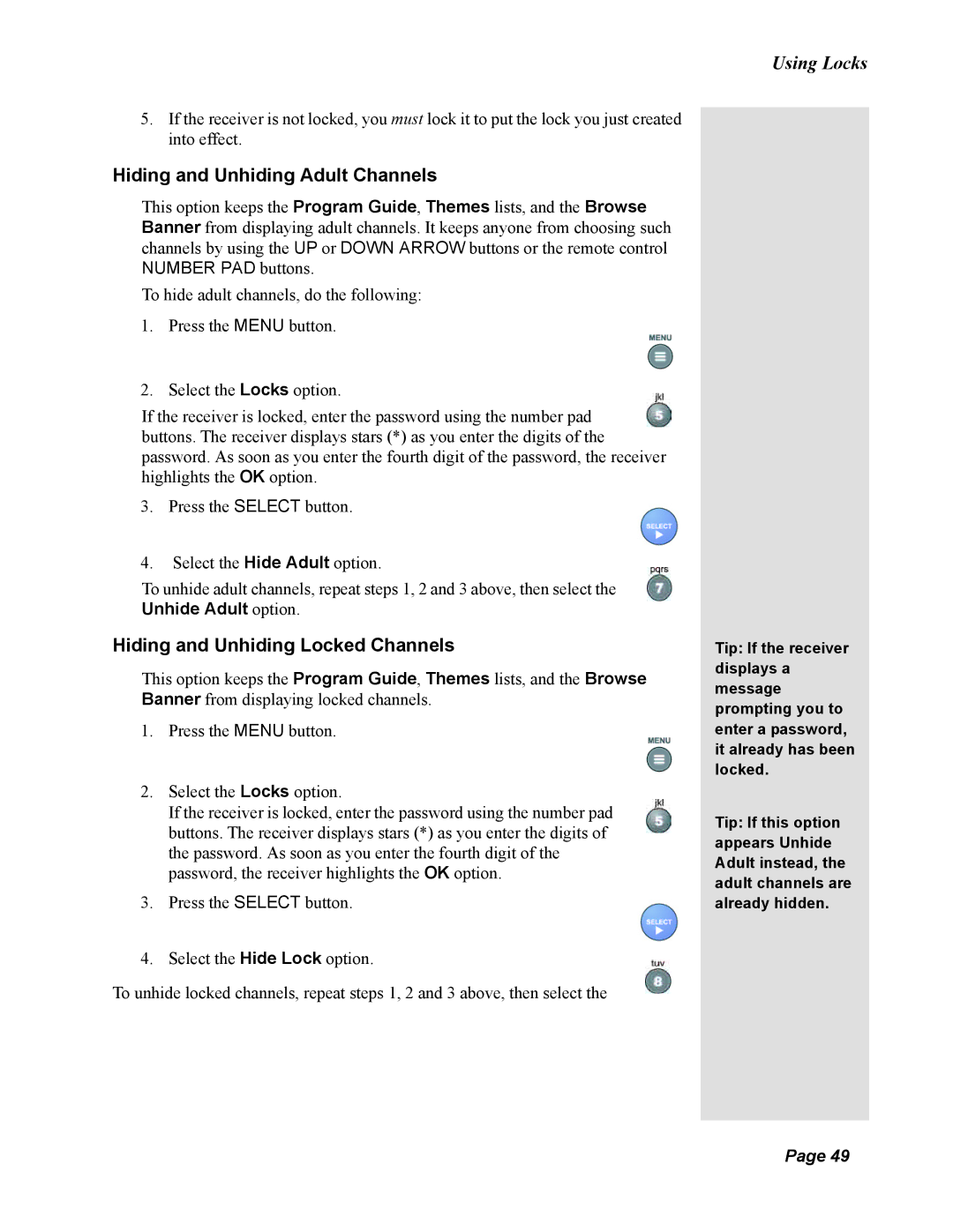 Dish Network 123698, Duo 322 manual Hiding and Unhiding Adult Channels, Hiding and Unhiding Locked Channels 