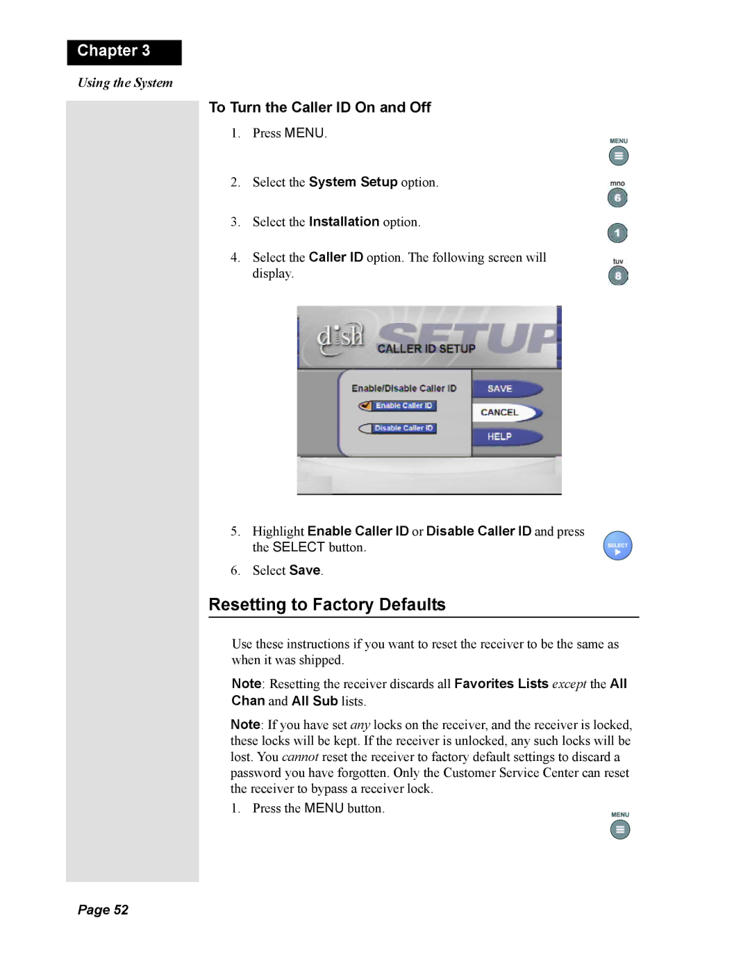 Dish Network Duo 322, 123698 manual Resetting to Factory Defaults, To Turn the Caller ID On and Off 