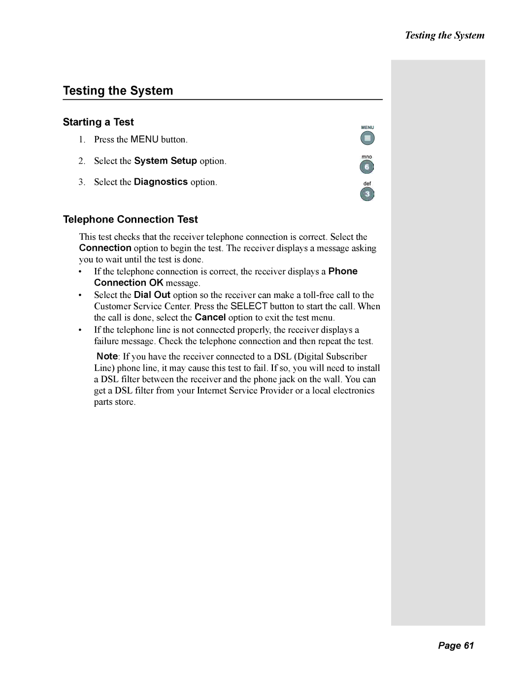 Dish Network 123698, Duo 322 manual Testing the System, Starting a Test, Telephone Connection Test 