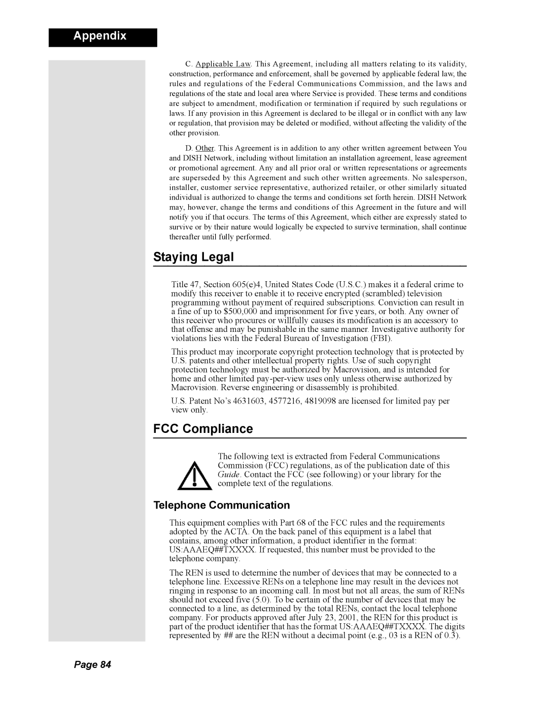 Dish Network Duo 322, 123698 manual Staying Legal, FCC Compliance, Telephone Communication 