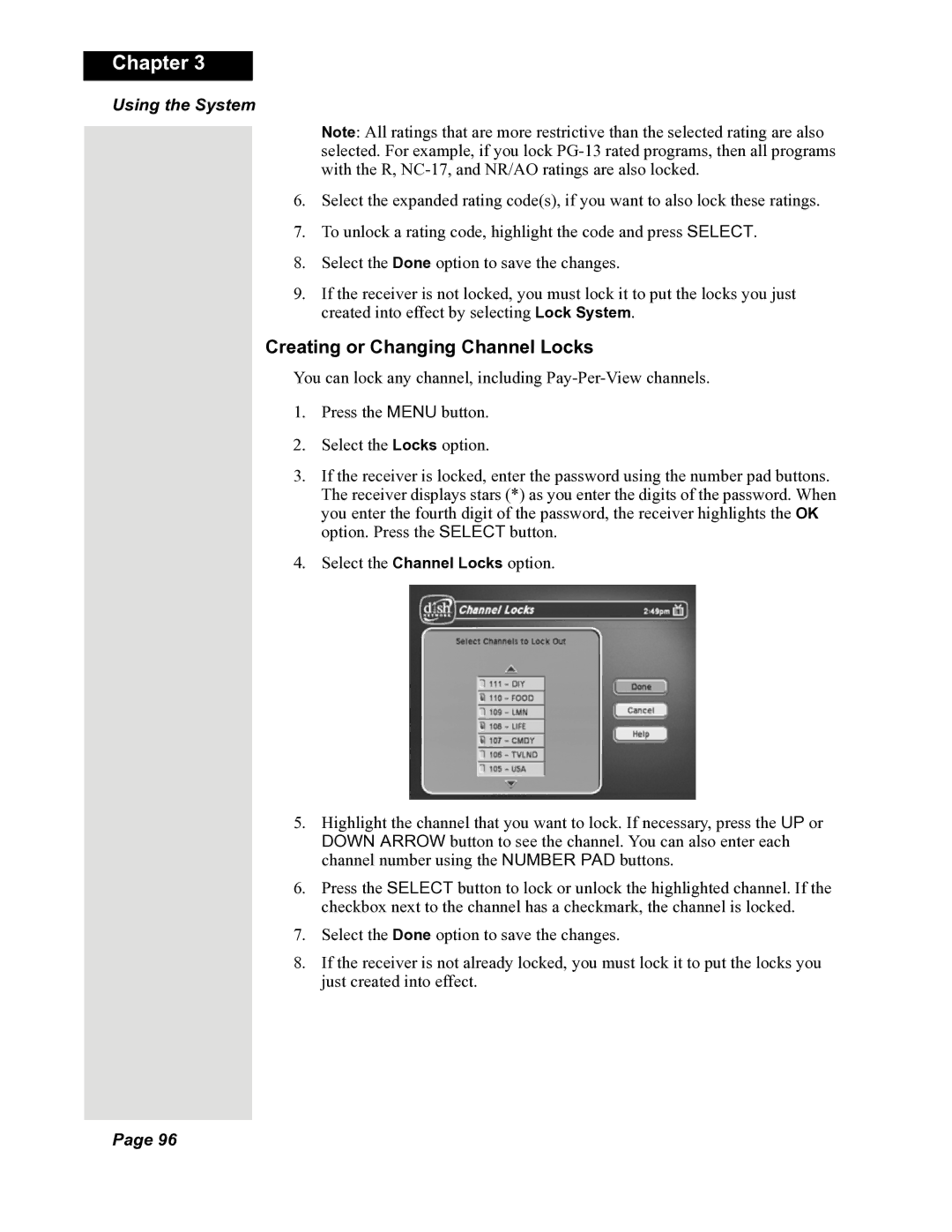 Dish Network DuoDVR 625, DuoDVR 522, 118523 manual Creating or Changing Channel Locks 