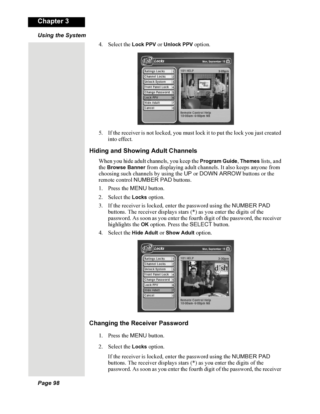 Dish Network DuoDVR 522, DuoDVR 625, 118523 manual Hiding and Showing Adult Channels, Changing the Receiver Password 