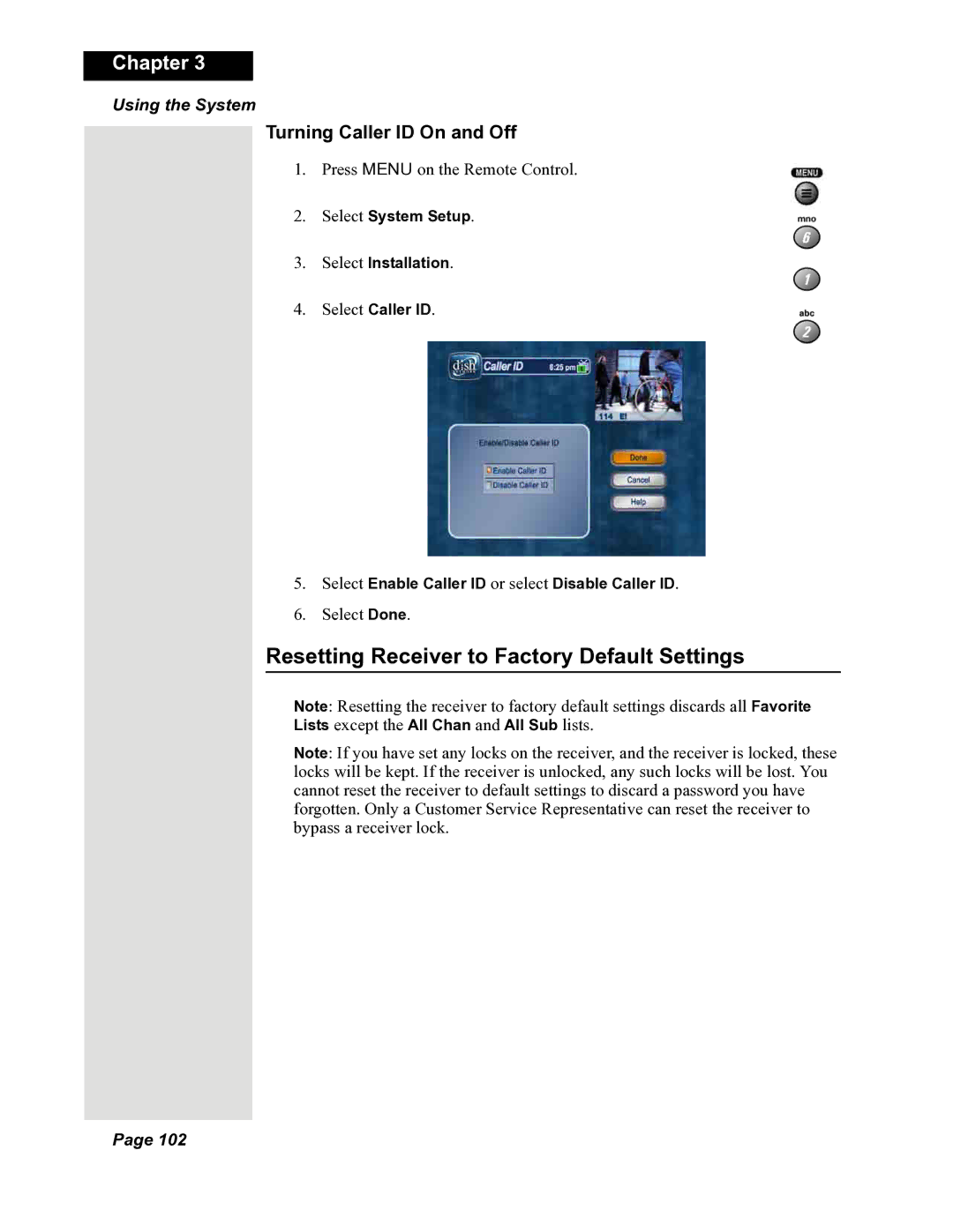 Dish Network DuoDVR 625, DuoDVR 522, 118523 Resetting Receiver to Factory Default Settings, Turning Caller ID On and Off 