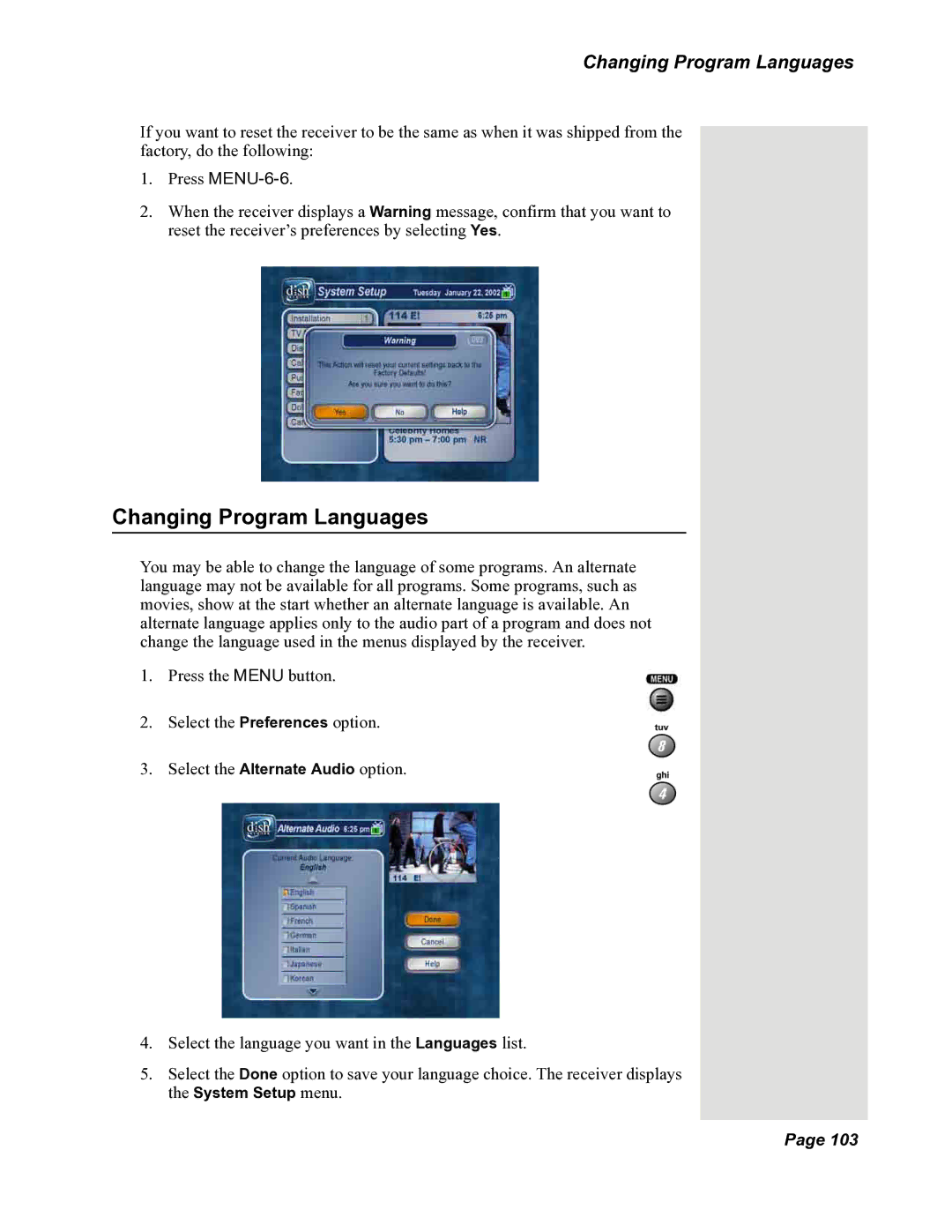 Dish Network 118523, DuoDVR 522, DuoDVR 625 manual Changing Program Languages 