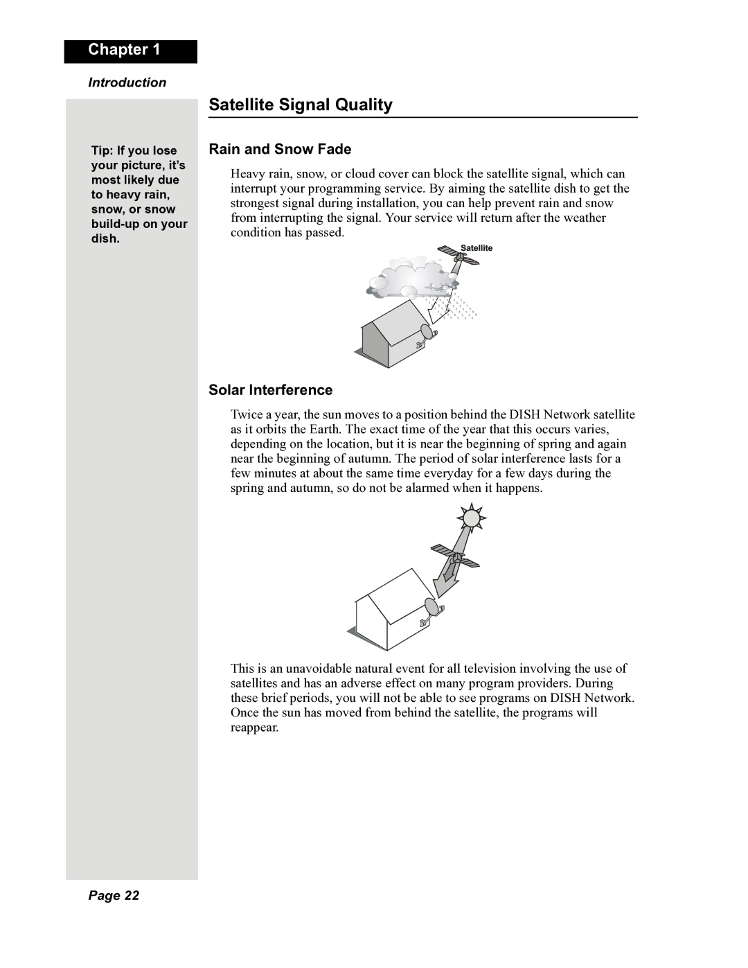 Dish Network 118523, DuoDVR 522, DuoDVR 625 manual Satellite Signal Quality, Rain and Snow Fade, Solar Interference 