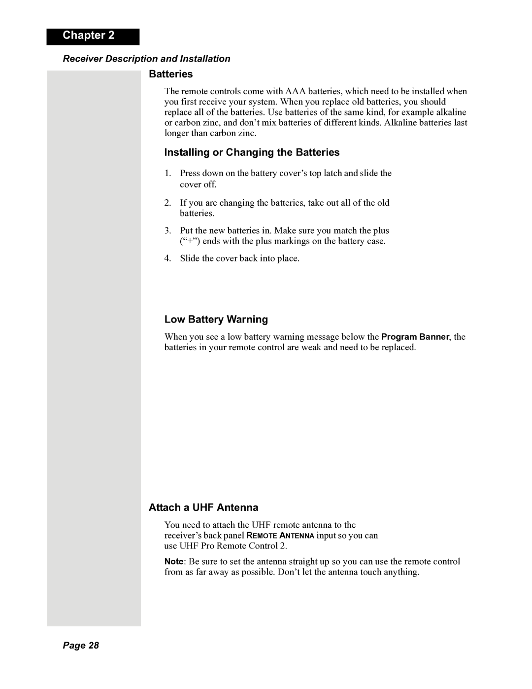 Dish Network 118523, DuoDVR 522 manual Installing or Changing the Batteries, Low Battery Warning, Attach a UHF Antenna 