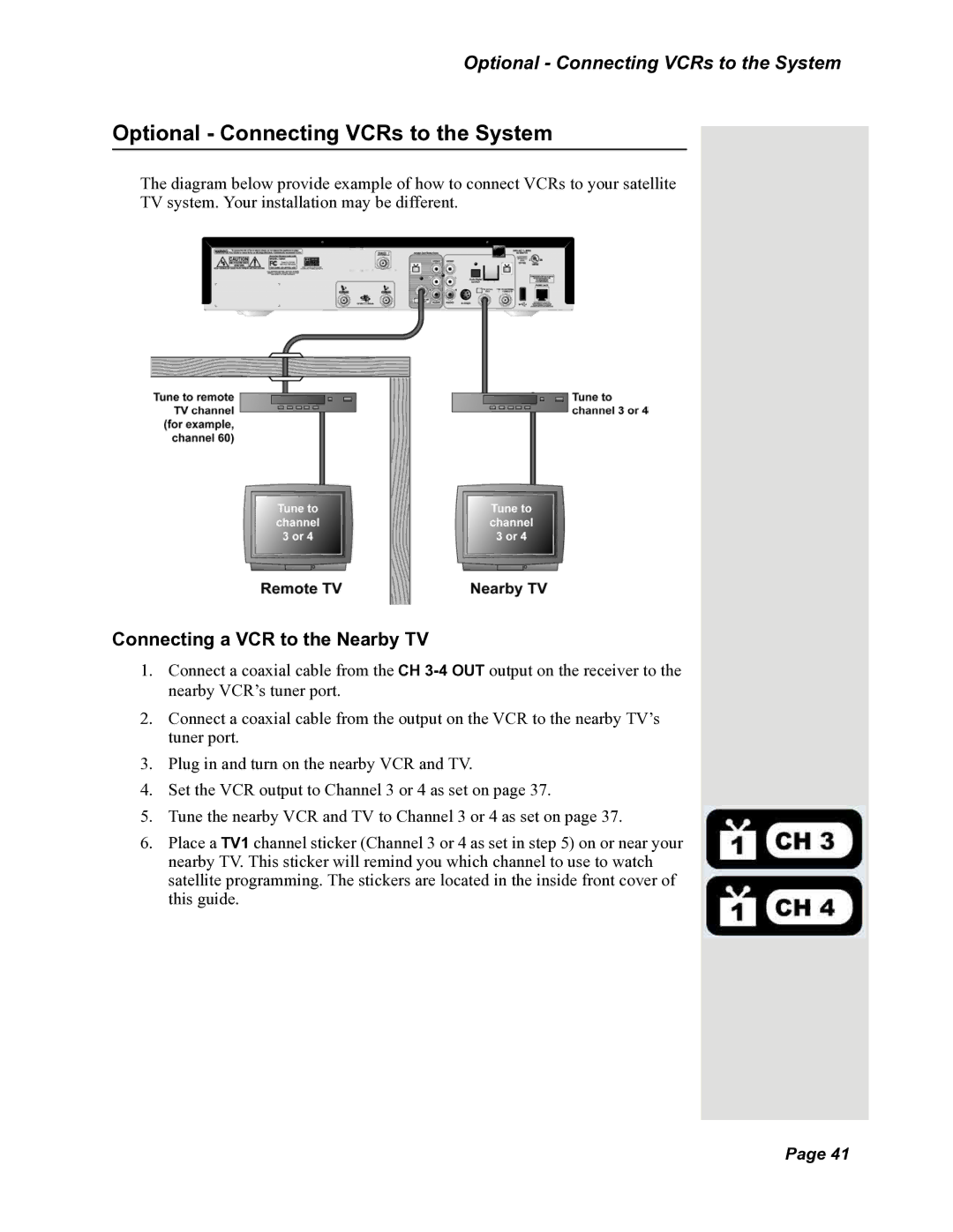 Dish Network DuoDVR 522, DuoDVR 625, 118523 manual Optional Connecting VCRs to the System, Connecting a VCR to the Nearby TV 