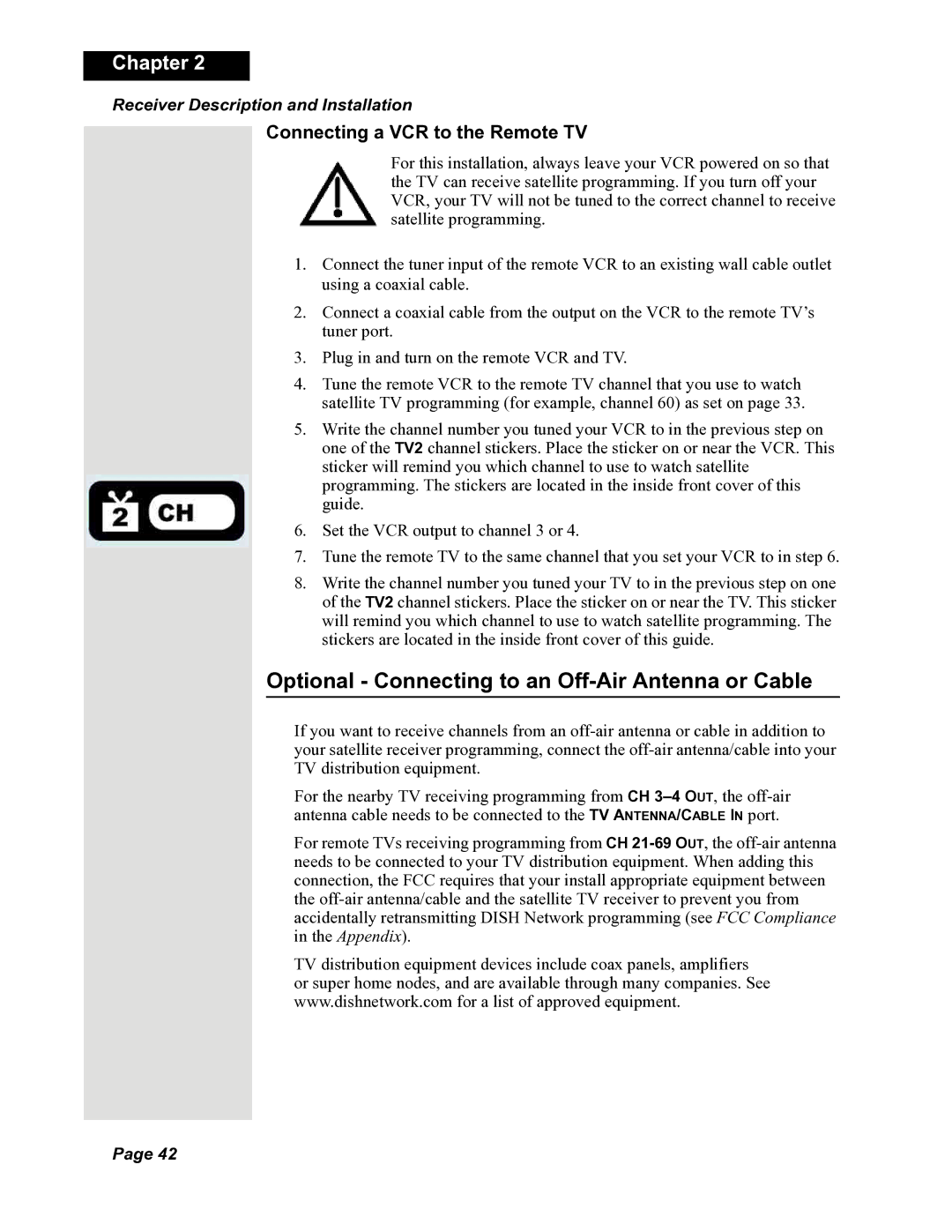 Dish Network DuoDVR 625, DuoDVR 522 Optional Connecting to an Off-Air Antenna or Cable, Connecting a VCR to the Remote TV 