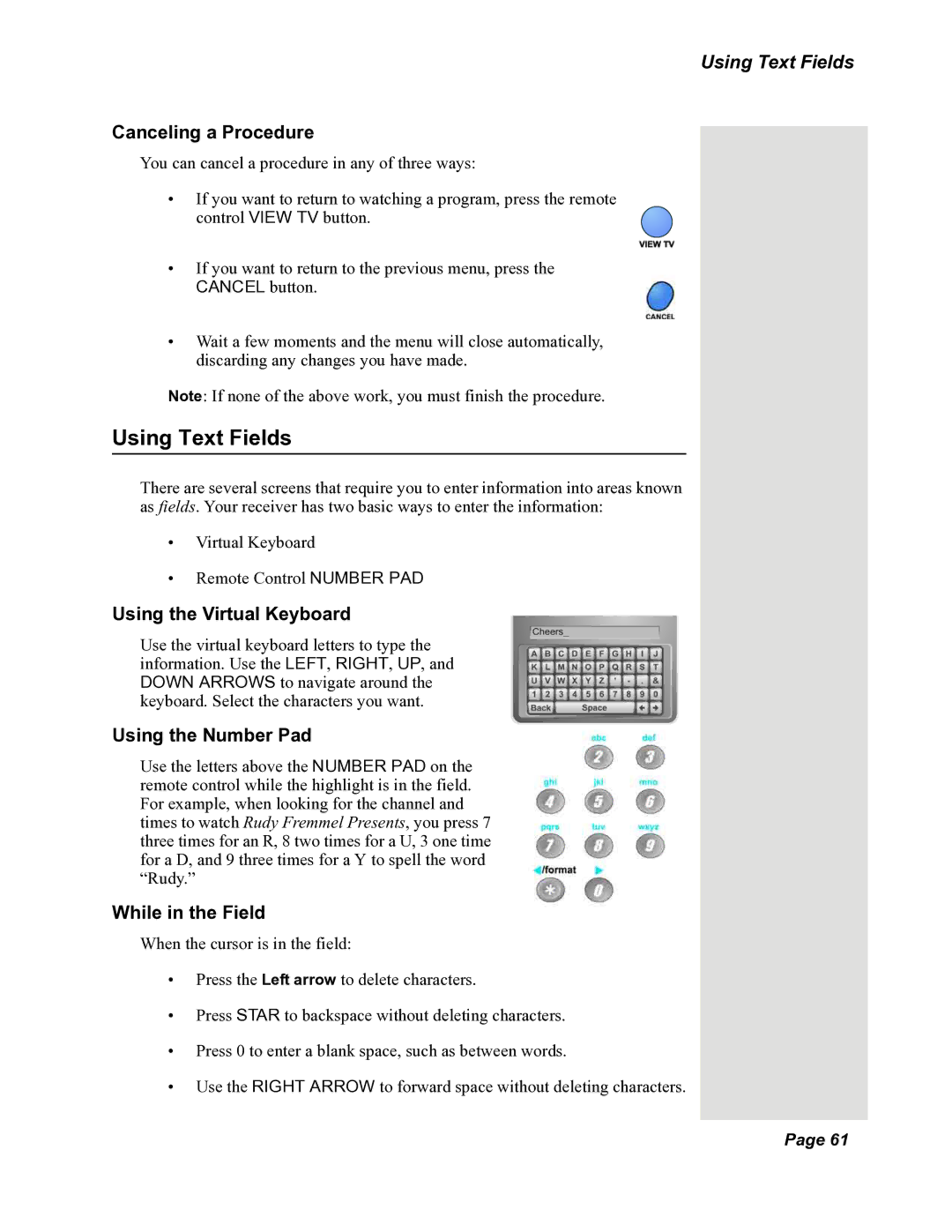 Dish Network 118523, DuoDVR 522, DuoDVR 625 manual Using Text Fields 