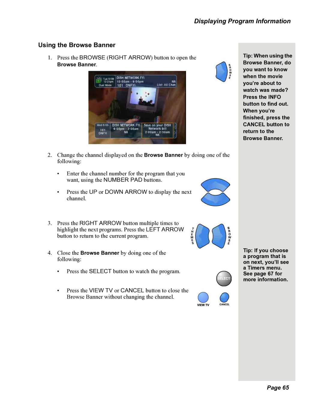 Dish Network DuoDVR 522, DuoDVR 625, 118523 manual Displaying Program Information, Using the Browse Banner 