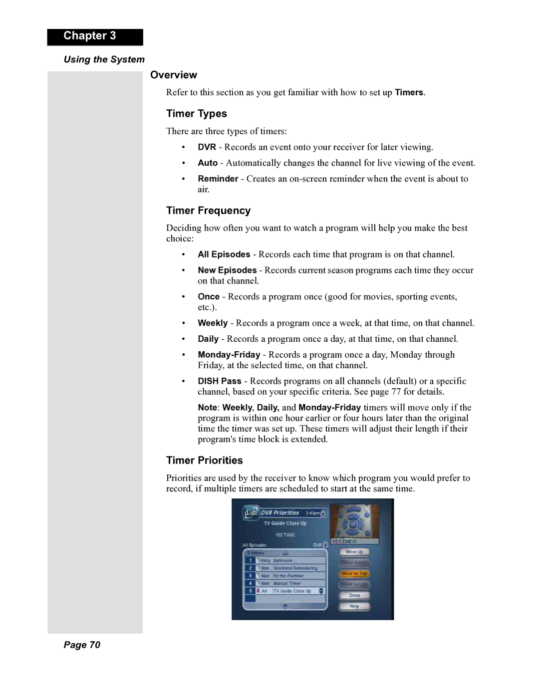 Dish Network 118523, DuoDVR 522, DuoDVR 625 manual Overview, Timer Types, Timer Frequency, Timer Priorities 