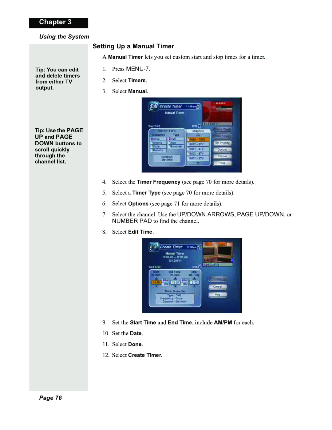 Dish Network 118523, DuoDVR 522, DuoDVR 625 manual Setting Up a Manual Timer, Select Edit Time, Select Create Timer 