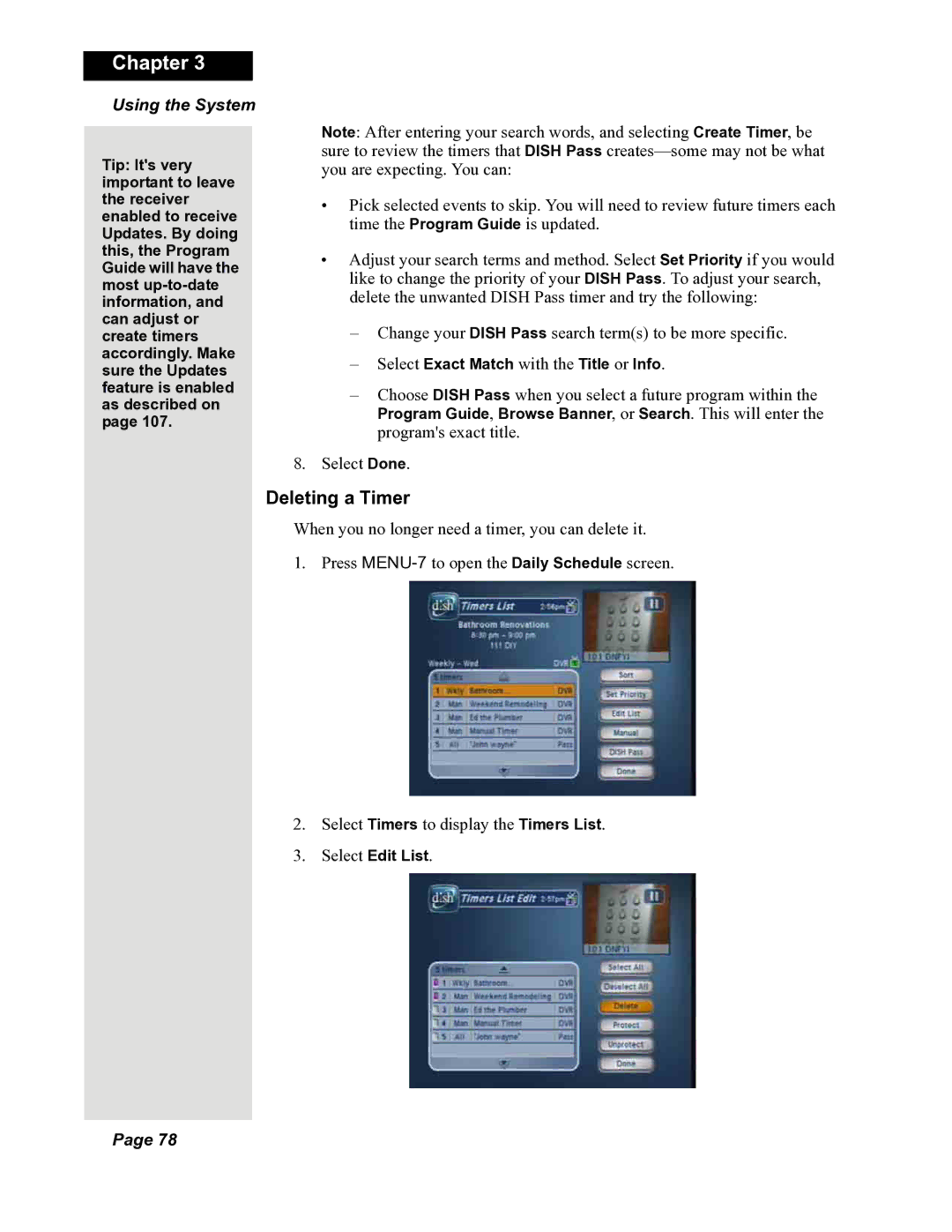 Dish Network DuoDVR 625, DuoDVR 522, 118523 Deleting a Timer, Select Exact Match with the Title or Info, Select Edit List 