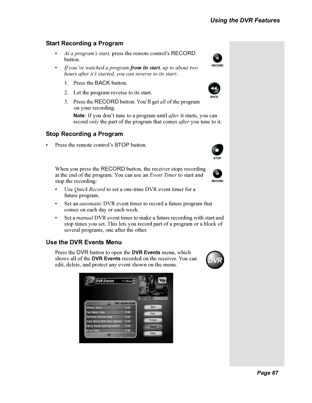 Dish Network DuoDVR 625, DuoDVR 522, 118523 Start Recording a Program, Stop Recording a Program, Use the DVR Events Menu 