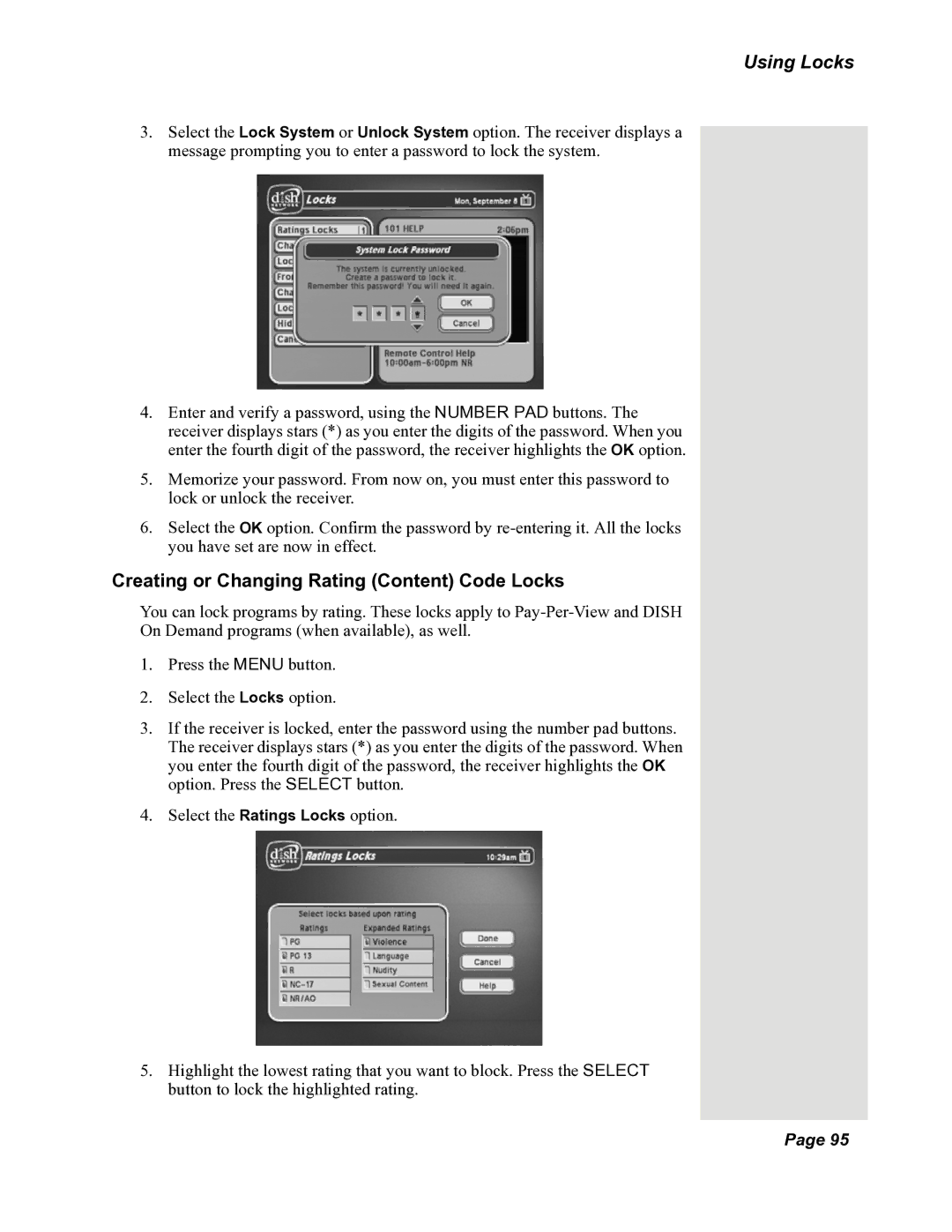 Dish Network DuoDVR 522, DuoDVR 625, 118523 manual Creating or Changing Rating Content Code Locks 