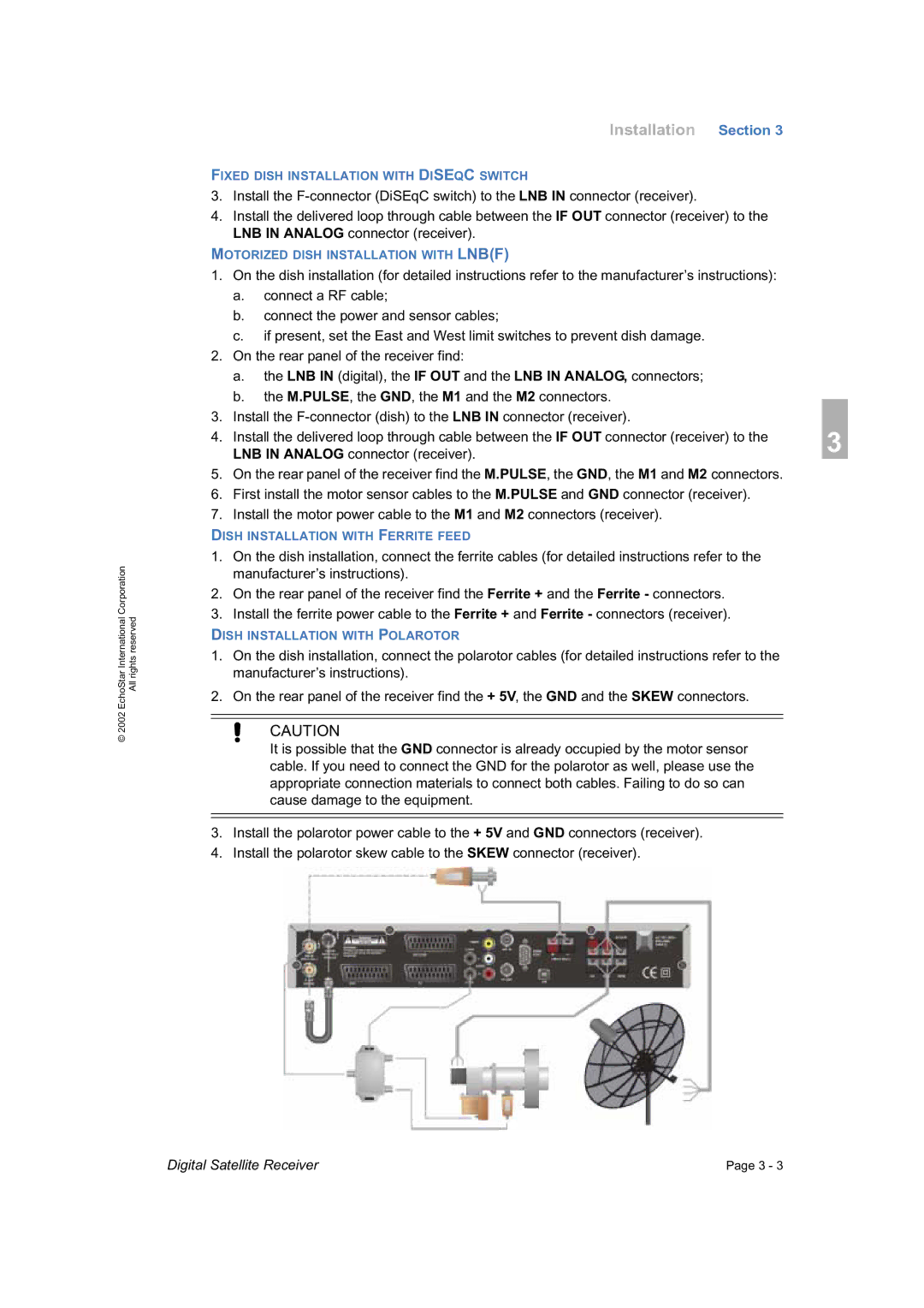 Dish Network DVR-7000 manual Fixed Dish Installation with Diseqc Switch 