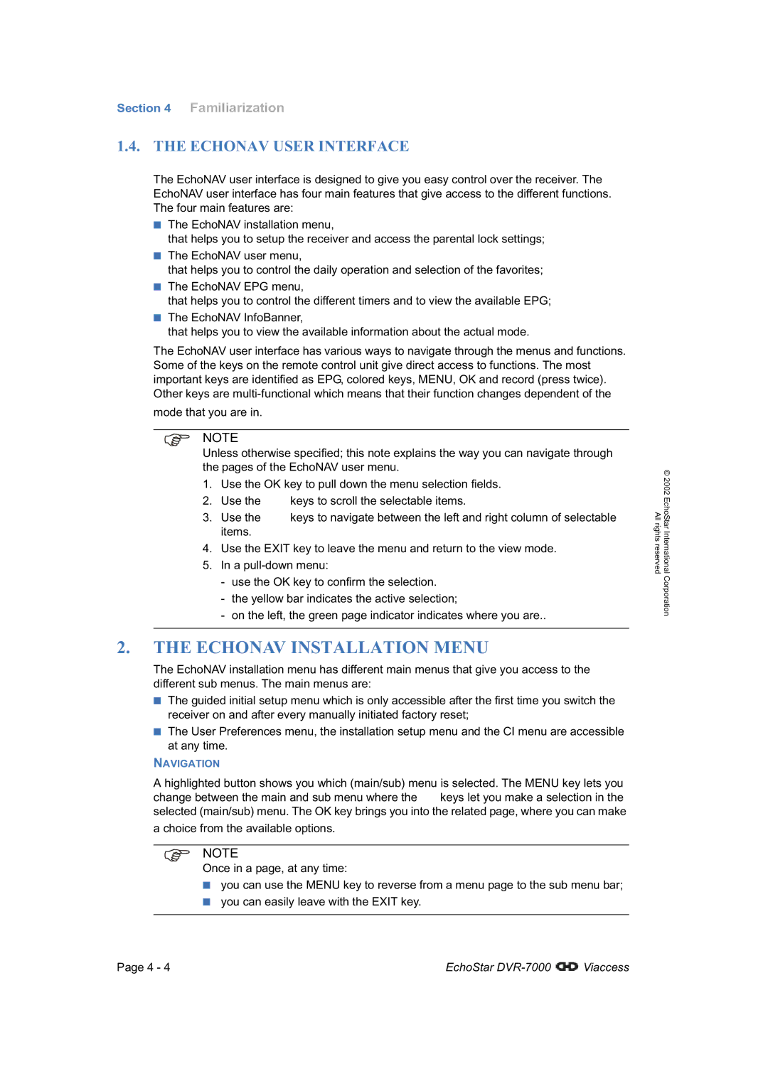 Dish Network DVR-7000 manual Echonav Installation Menu, Echonav User Interface 