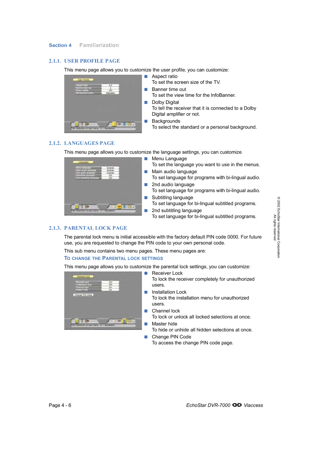 Dish Network DVR-7000 manual User Profile, Languages, Parental Lock 