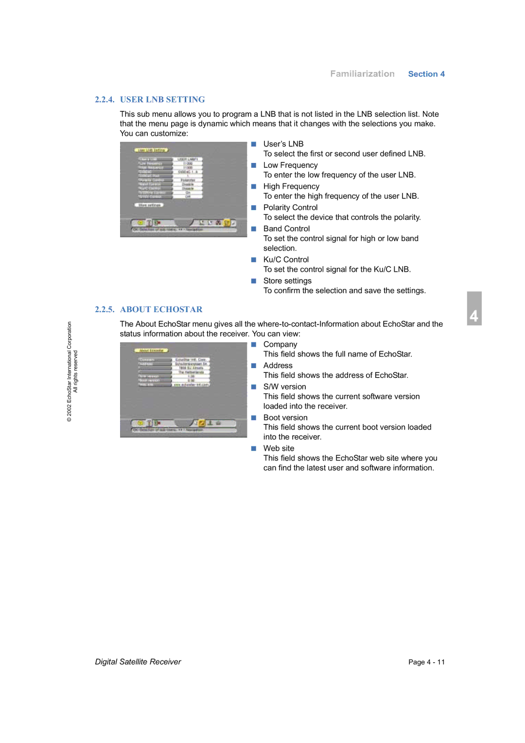 Dish Network DVR-7000 manual User LNB Setting, About Echostar 