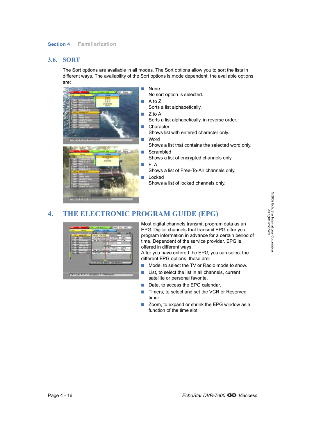 Dish Network DVR-7000 manual Electronic Program Guide EPG, Sort 