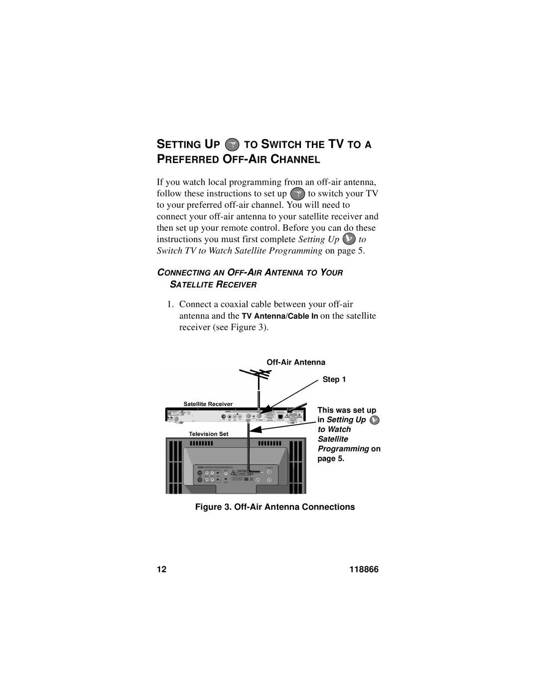 Dish Network EZ manual Setting UP to Switch the TV to a Preferred OFF-AIR Channel, Off-Air Antenna Connections 118866 