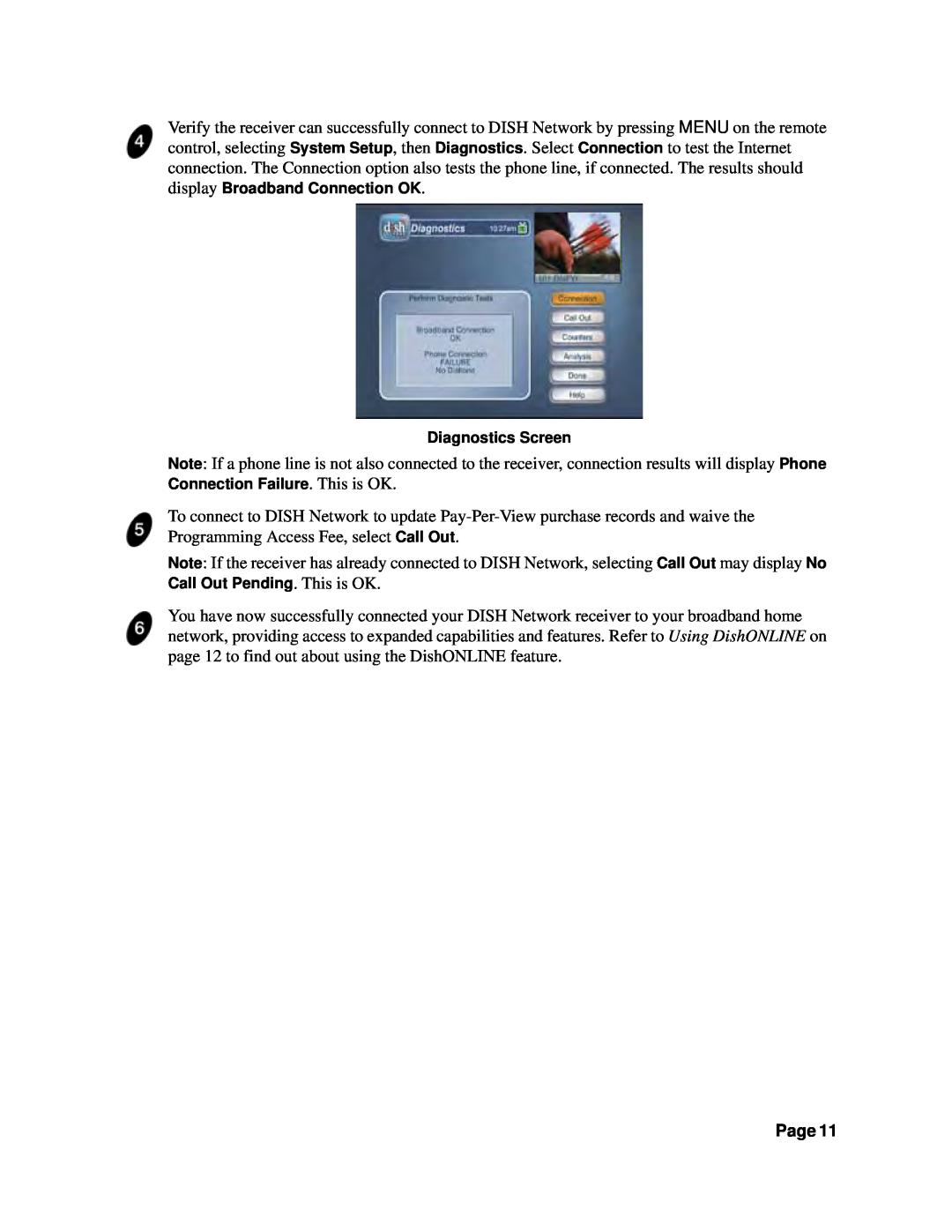 Dish Network HOME NETWORK manual Page, Diagnostics Screen 