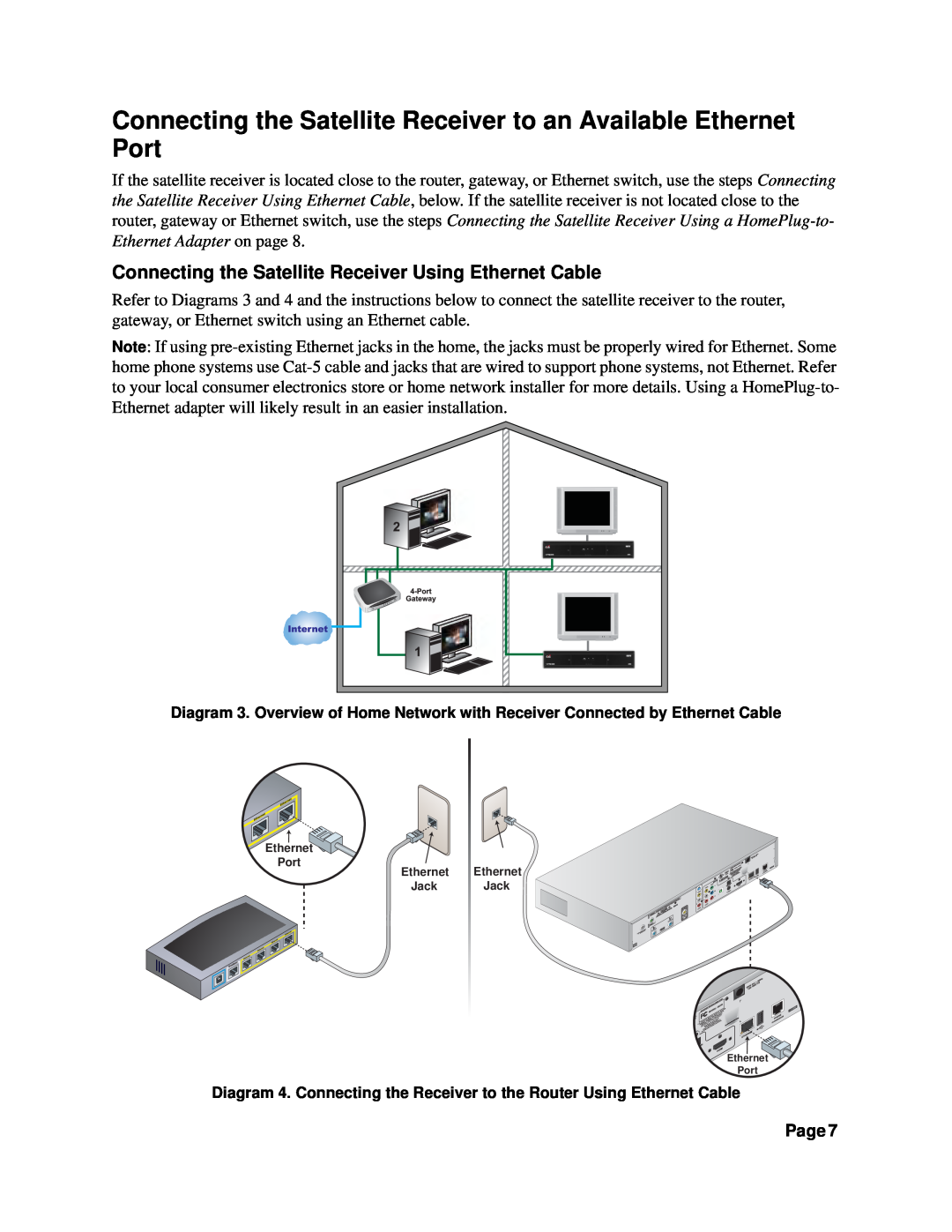 Dish Network HOME NETWORK manual Connecting the Satellite Receiver to an Available Ethernet Port, Page 