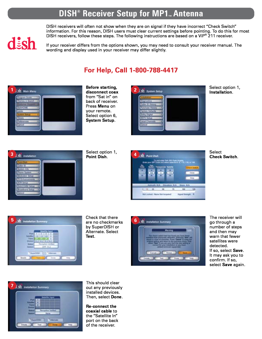 Dish Network MP1 manual Before starting, disconnect coax, System Setup, Point Dish, Test, Check Switch, For Help, Call 