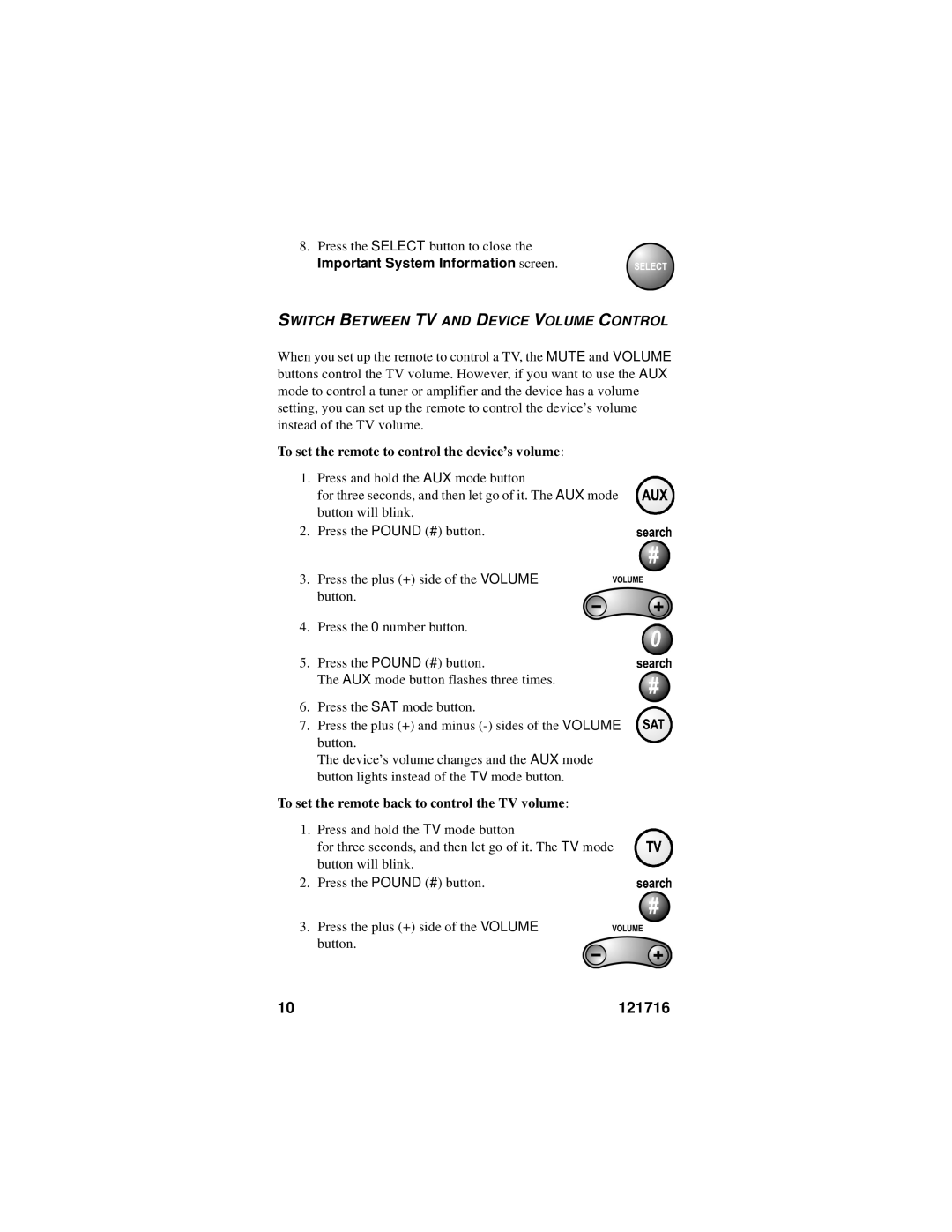 Dish Network Platinum Remote Control manual Switch Between TV and Device Volume Control 