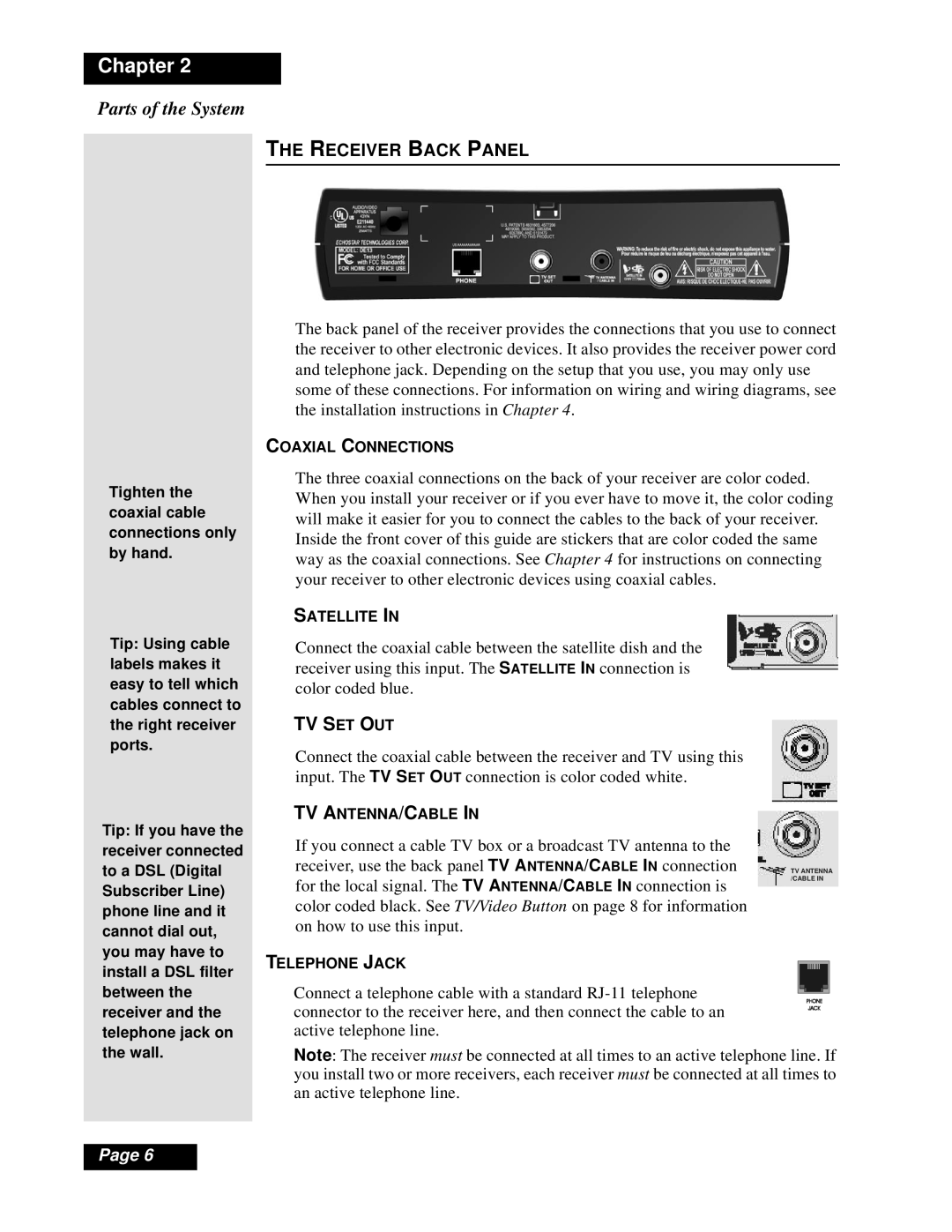 Dish Network Solo 111 manual Parts of the System, Receiver Back Panel 