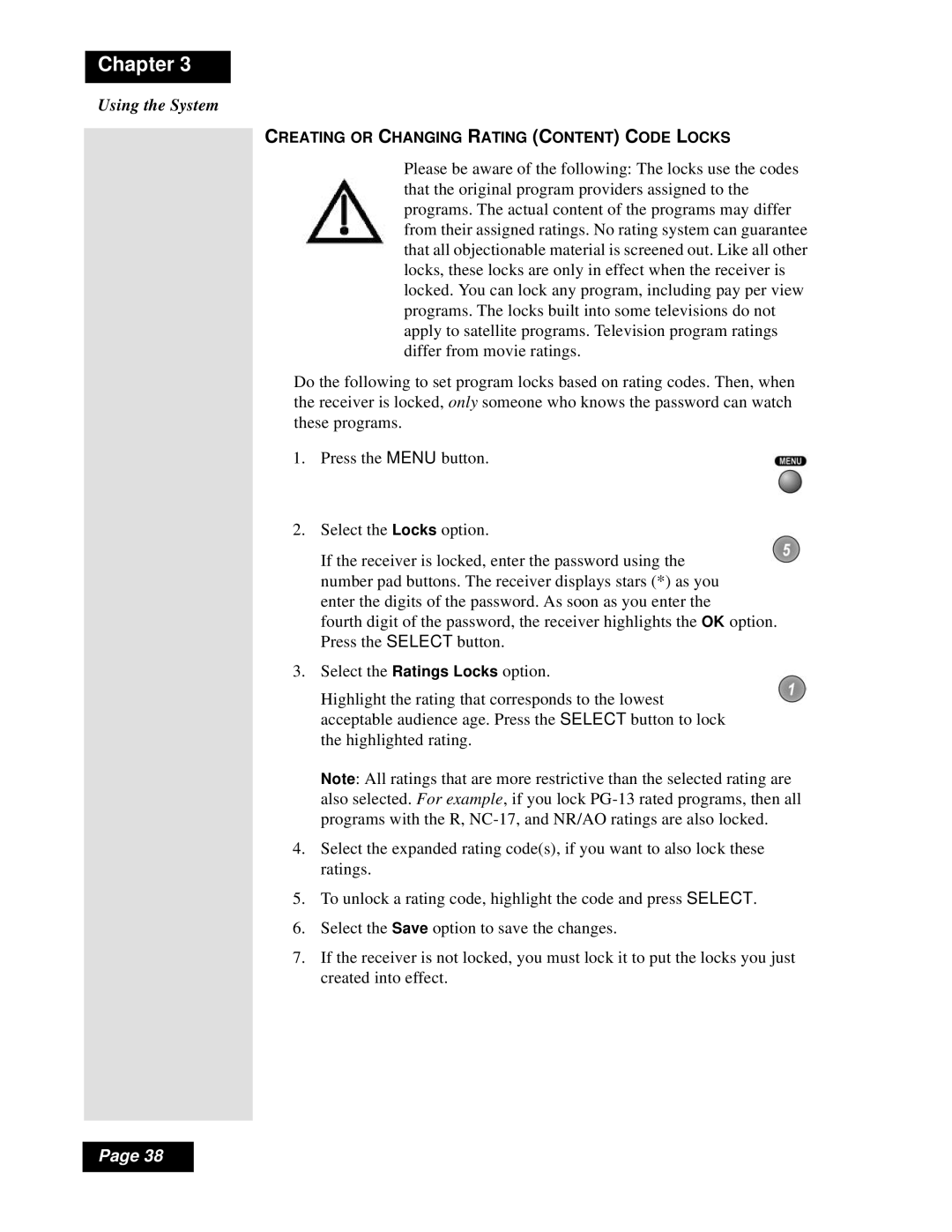 Dish Network Solo 111 manual Creating or Changing Rating Content Code Locks 