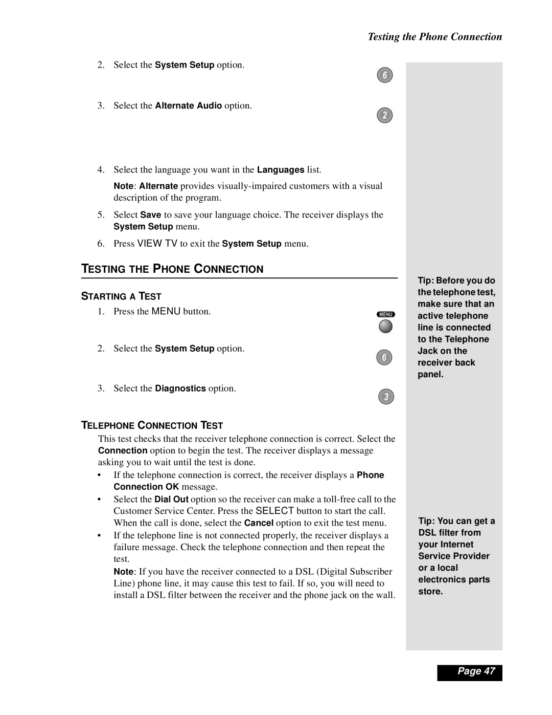 Dish Network Solo 111 manual Testing the Phone Connection 