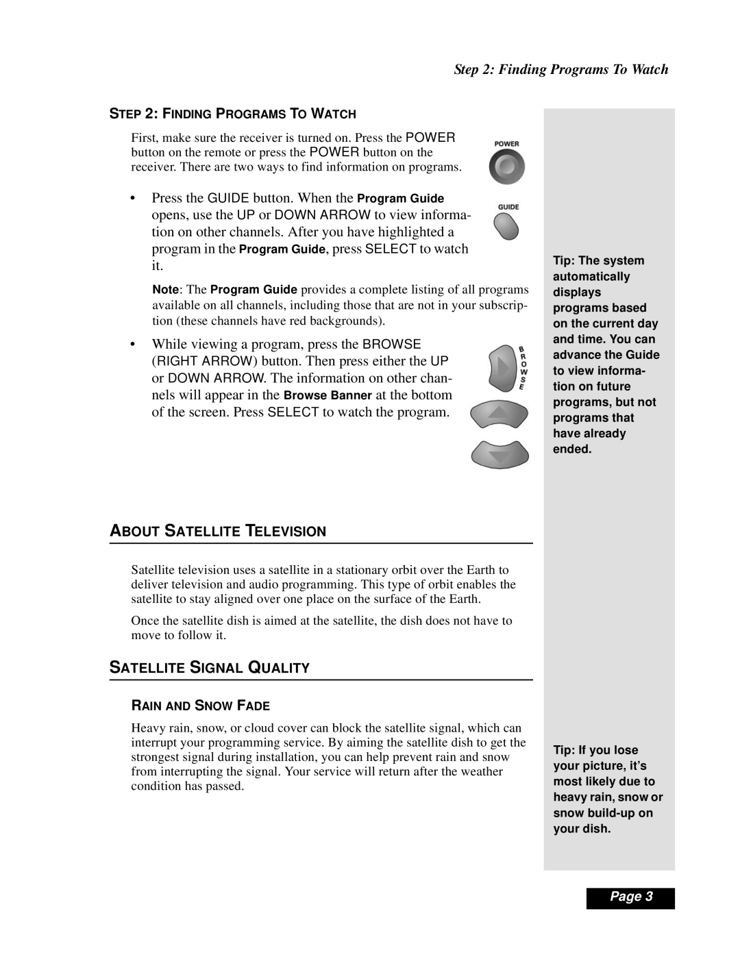 Dish Network Solo 111 manual Finding Programs To Watch, About Satellite Television, Satellite Signal Quality 