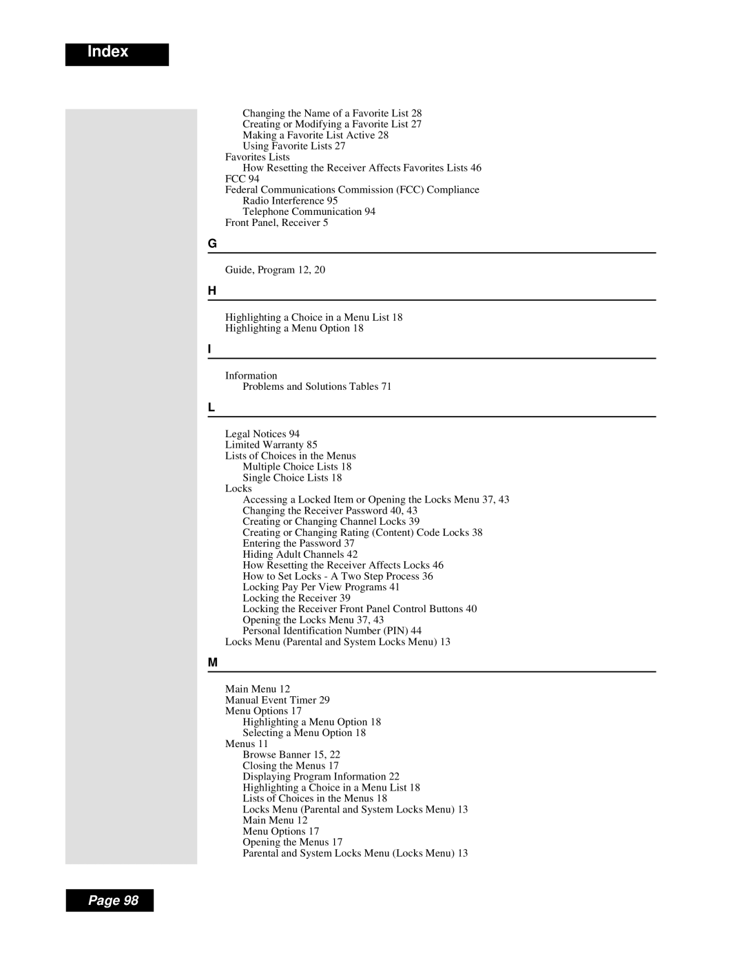 Dish Network Solo 111 manual Index 